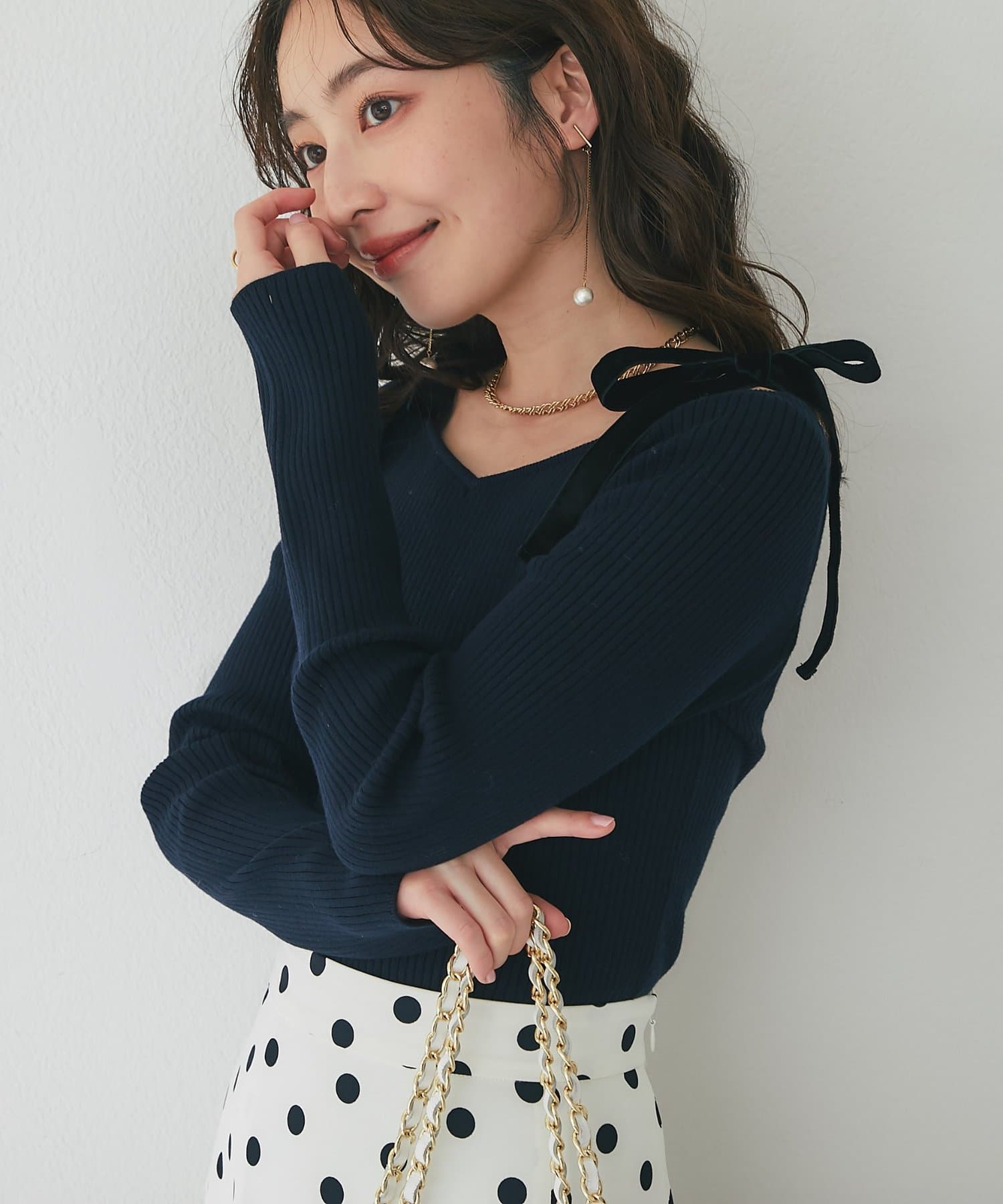 La boutique BonBon(ラブティックボンボン) アンゴラタッチリボンオフショルニット