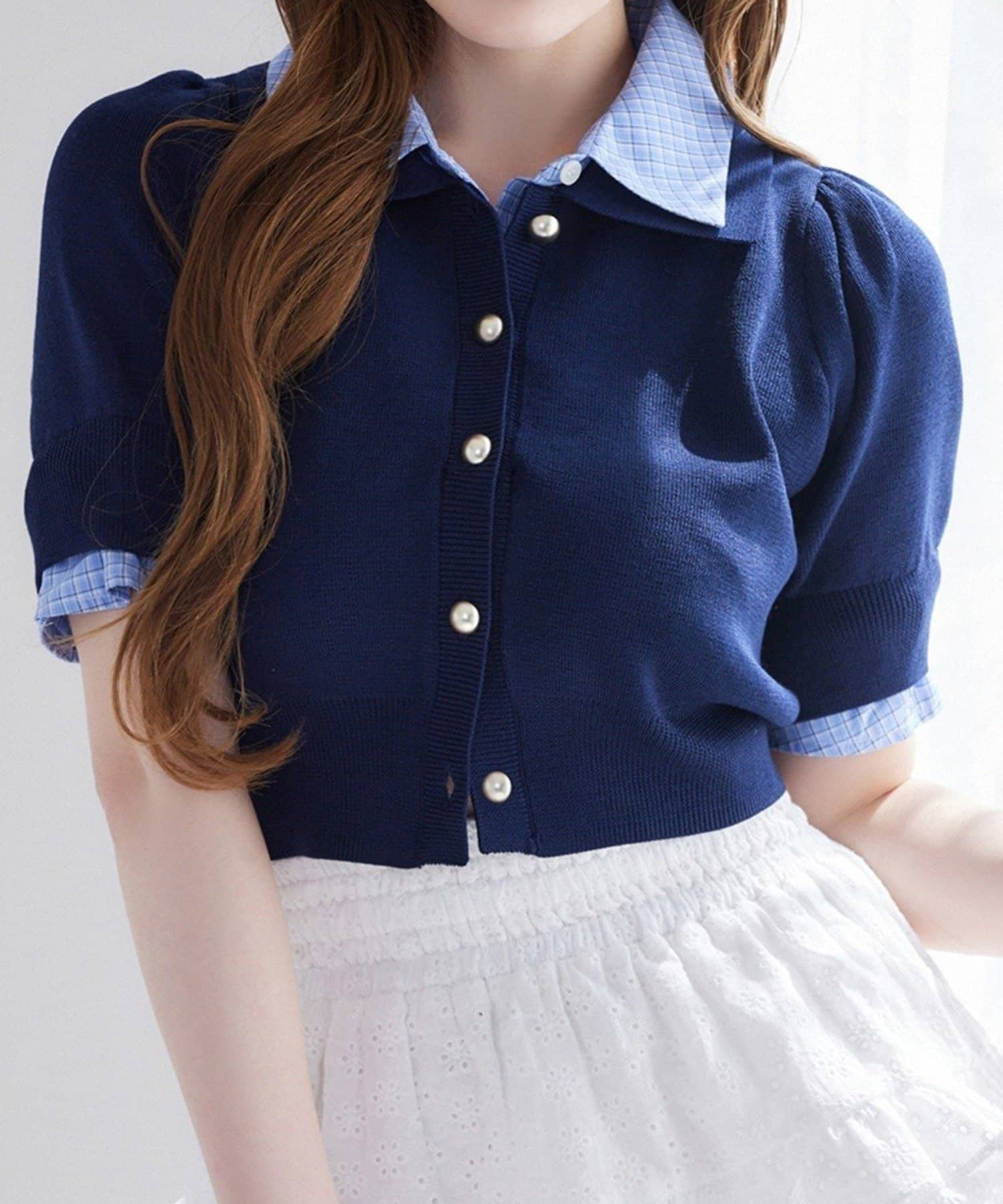 NICE CLAUP / OLIVE des OLIVE OUTLET(ナイスクラップ  / オリーブ デ オリーブ アウトレット) 【one after another】【リバイバル】今期トレンド/重ね襟半袖ニッ