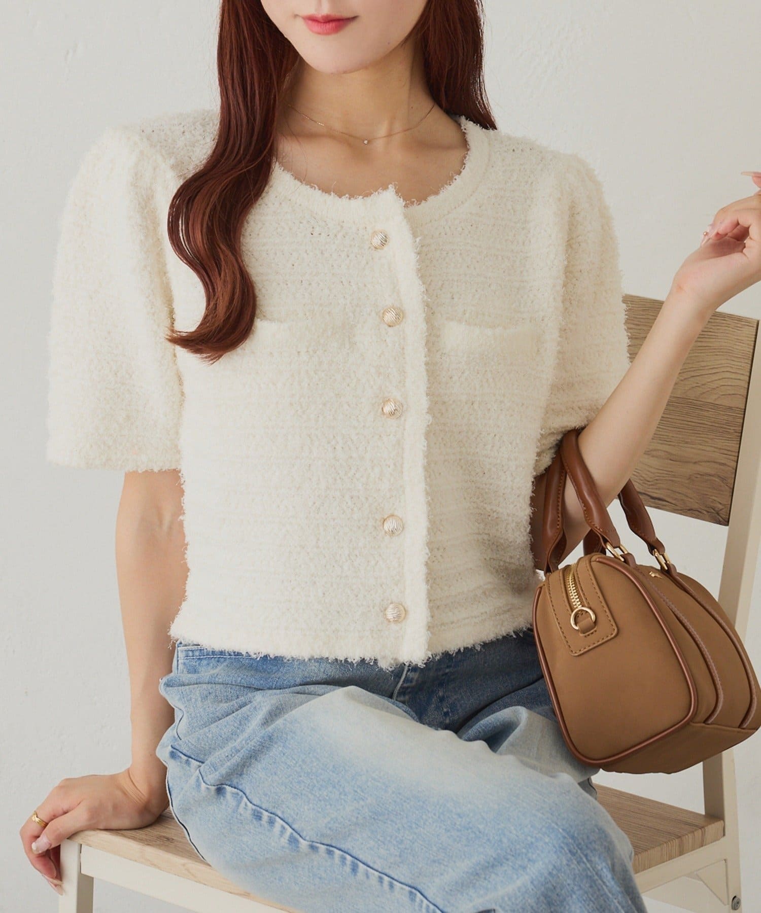 NICE CLAUP / OLIVE des OLIVE OUTLET(ナイスクラップ  / オリーブ デ オリーブ アウトレット) 【one after another】【WEB限定】ゴールドボタン半袖ツイード風カーディガン