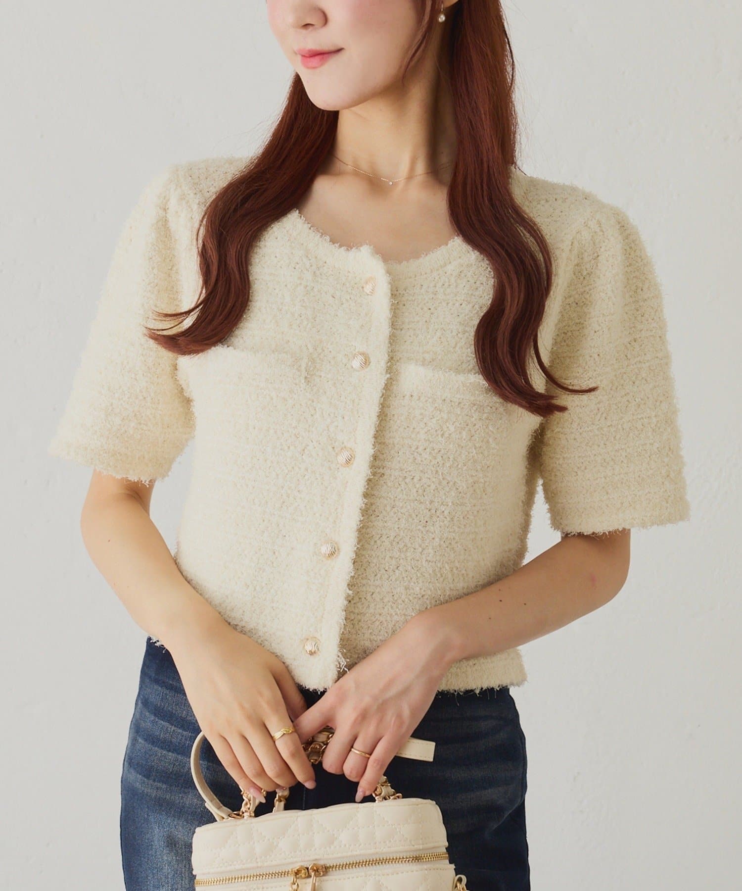 NICE CLAUP / OLIVE des OLIVE OUTLET(ナイスクラップ  / オリーブ デ オリーブ アウトレット) 【one after another】【WEB限定】ゴールドボタン半袖ツイード風カーディガン