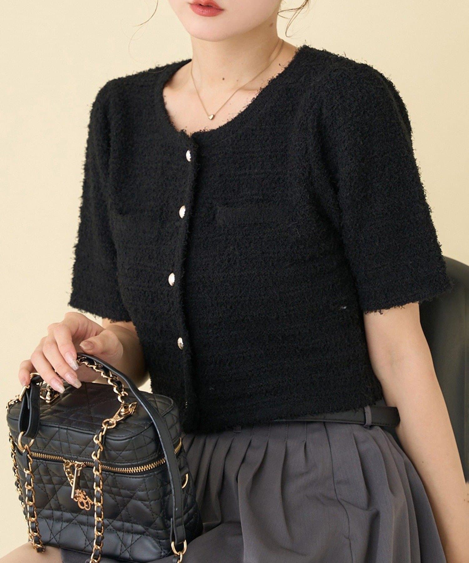 NICE CLAUP / OLIVE des OLIVE OUTLET(ナイスクラップ  / オリーブ デ オリーブ アウトレット) 【one after another】【WEB限定】ゴールドボタン半袖ツイード風カーディガン