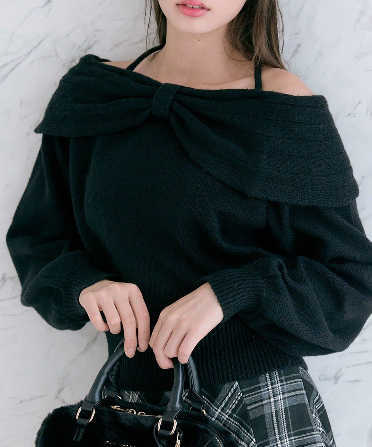 NICE CLAUP / OLIVE des OLIVE OUTLET(ナイスクラップ  / オリーブ デ オリーブ アウトレット) 【OLIVE des OLIVE】リボンオフショルニット