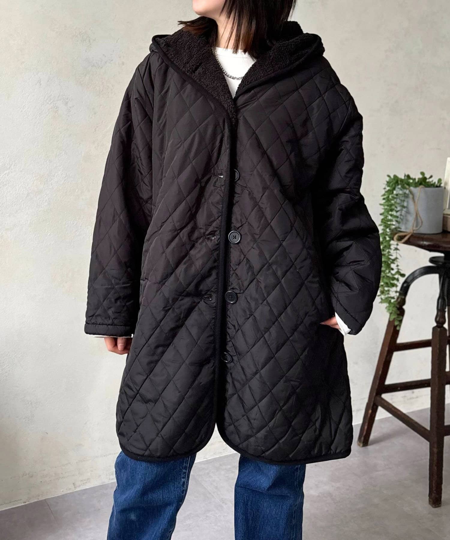 LOCUST(ローカスト) 【楽ちんオシャレ見え】裏ボアフード付キルティングコート