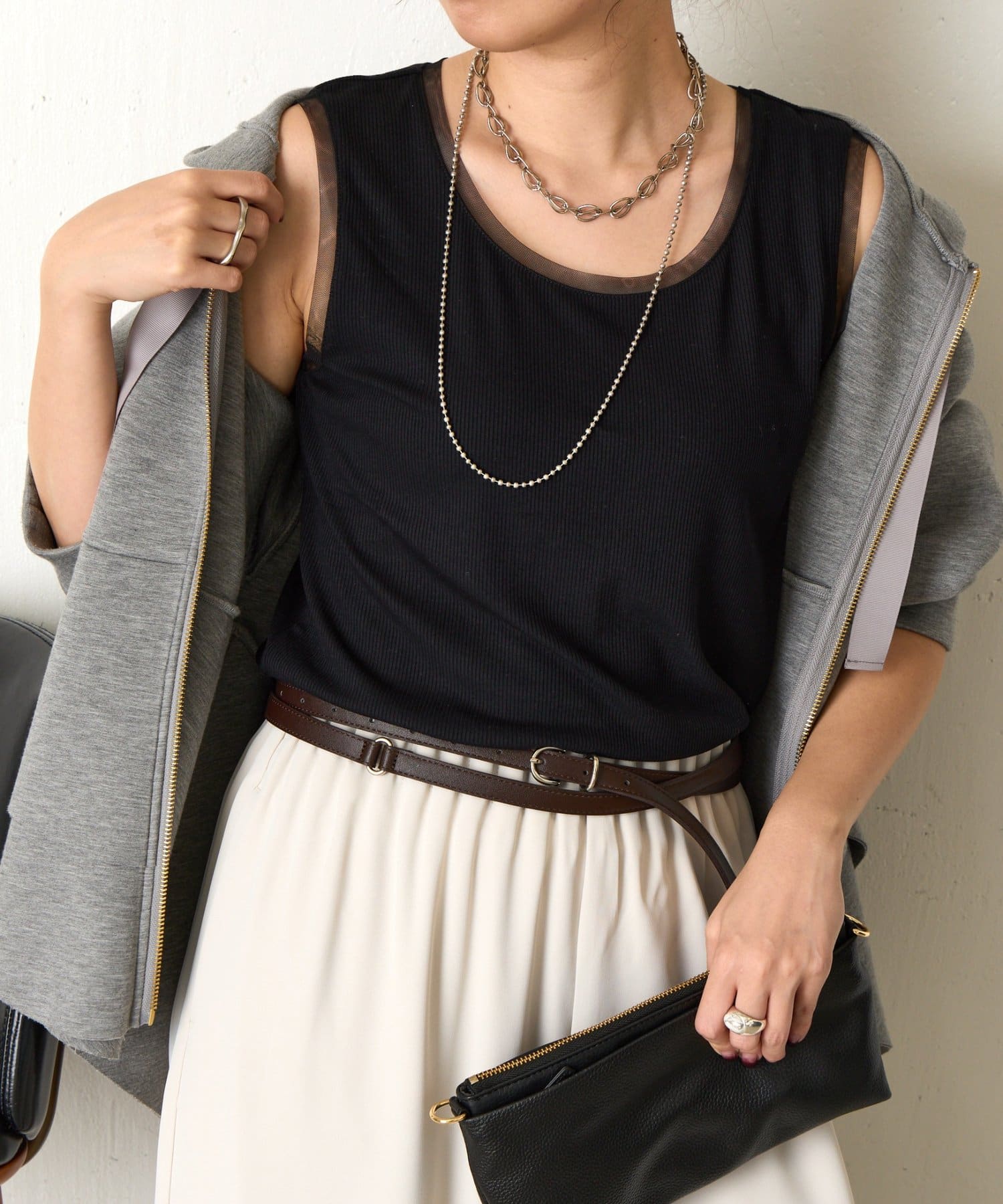 Jena　espace merveilleux(ジェナ　エスパスメルヴェイユ) 【ほんのり透けニュアンス】チュール付リブタンク