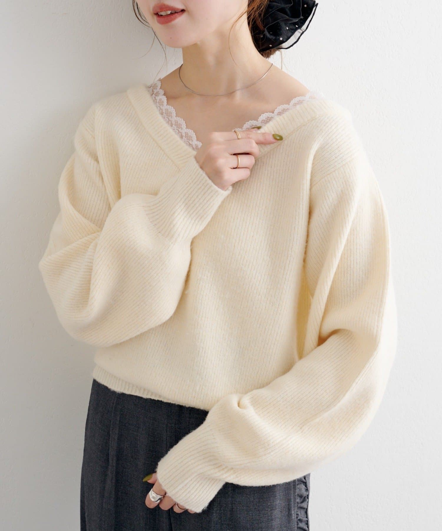 Kastane(カスタネ) B レースレイヤーニットプルオーバー