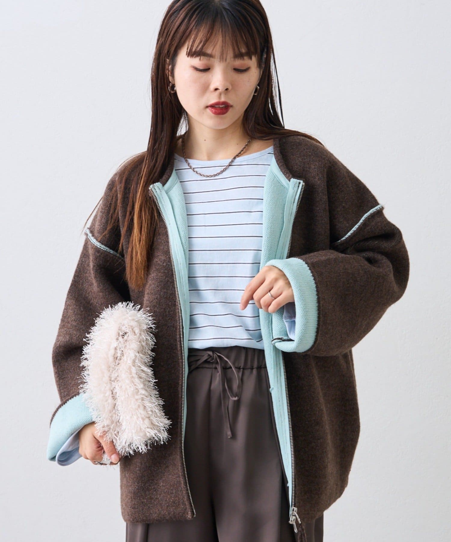 CIAOPANIC TYPY(チャオパニックティピー) ダブルジップ配色ヤクライクニットジャケット