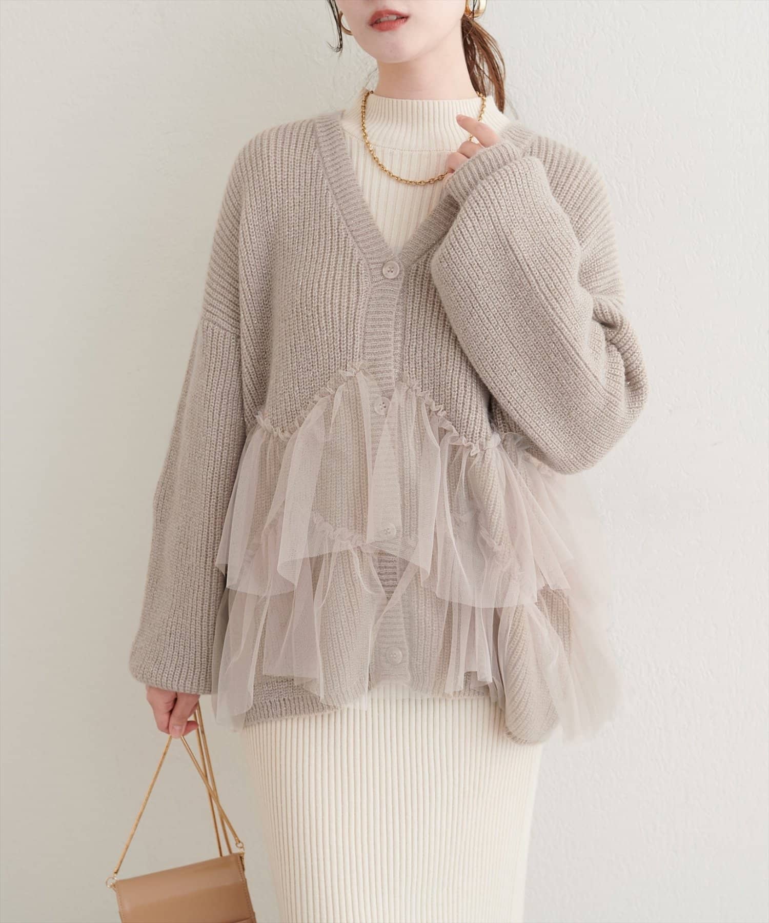natural couture(ナチュラルクチュール) 【WEB限定】チュール重ねカーディガン