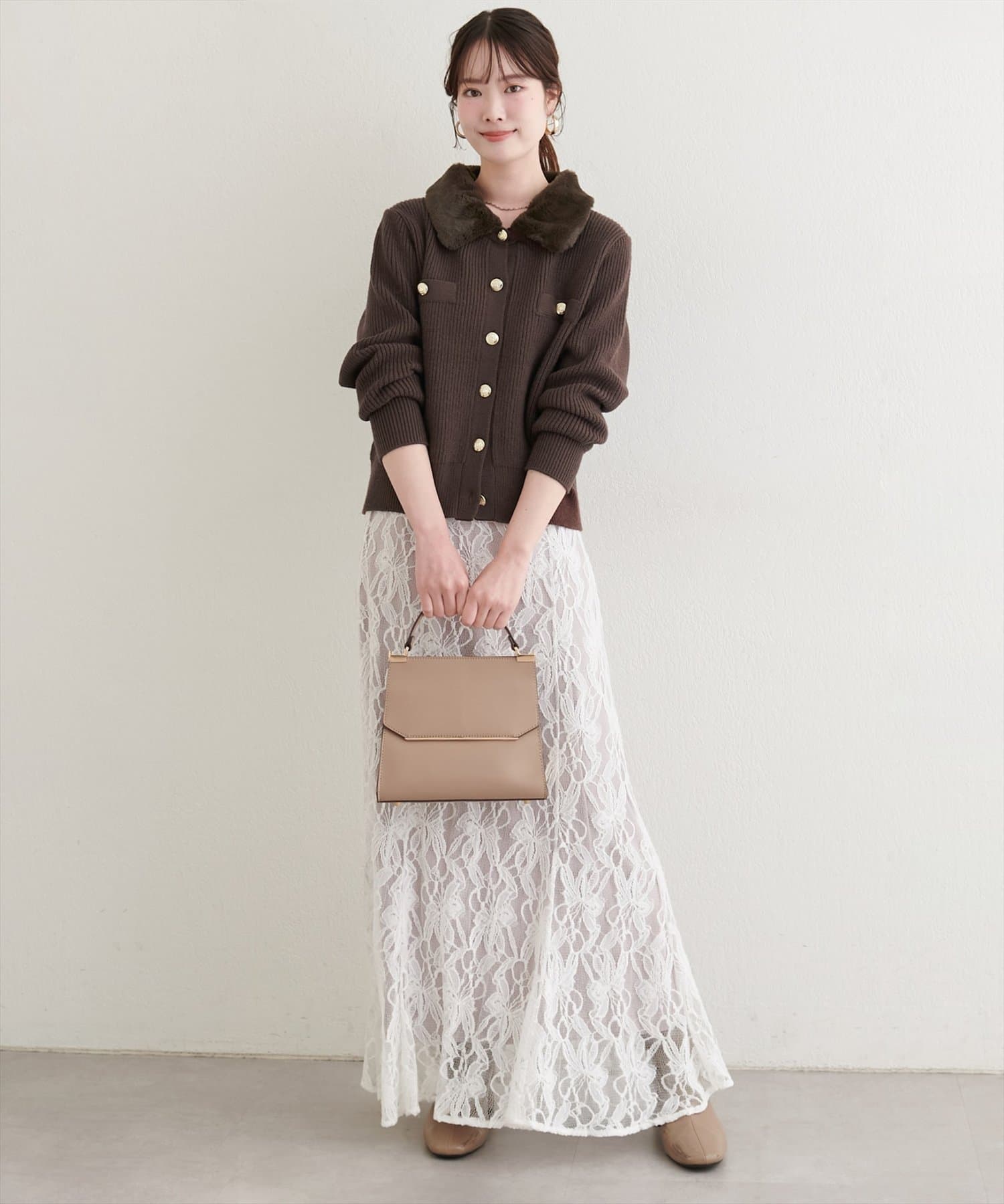 natural couture(ナチュラルクチュール) 衿ファー付き片畦ニットカーディガン