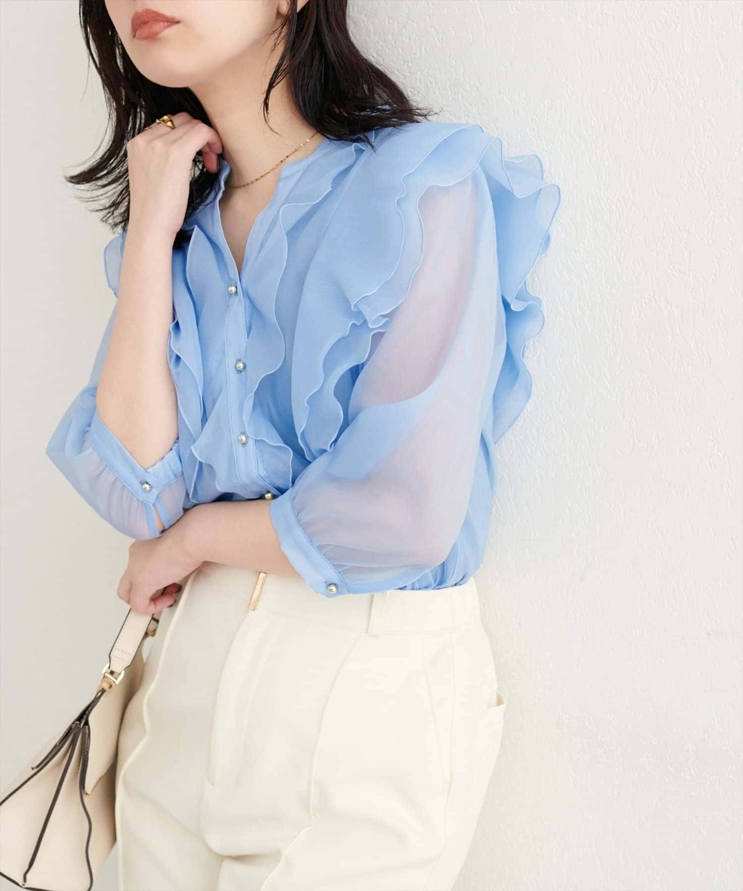 NICE CLAUP / OLIVE des OLIVE OUTLET(ナイスクラップ  / オリーブ デ オリーブ アウトレット) 【natural couture】ラッフルフリルキーネック7部袖ブラウス