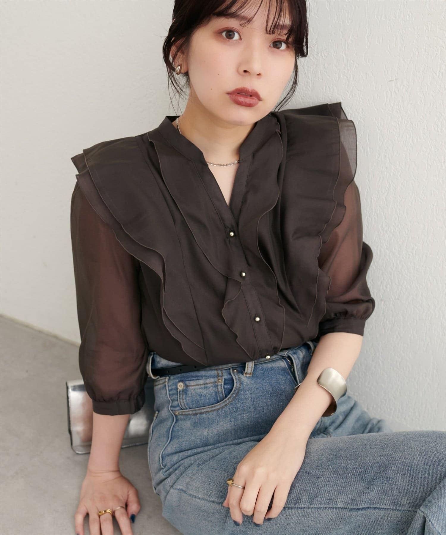 NICE CLAUP / OLIVE des OLIVE OUTLET(ナイスクラップ  / オリーブ デ オリーブ アウトレット) 【natural couture】ラッフルフリルキーネック7部袖ブラウス