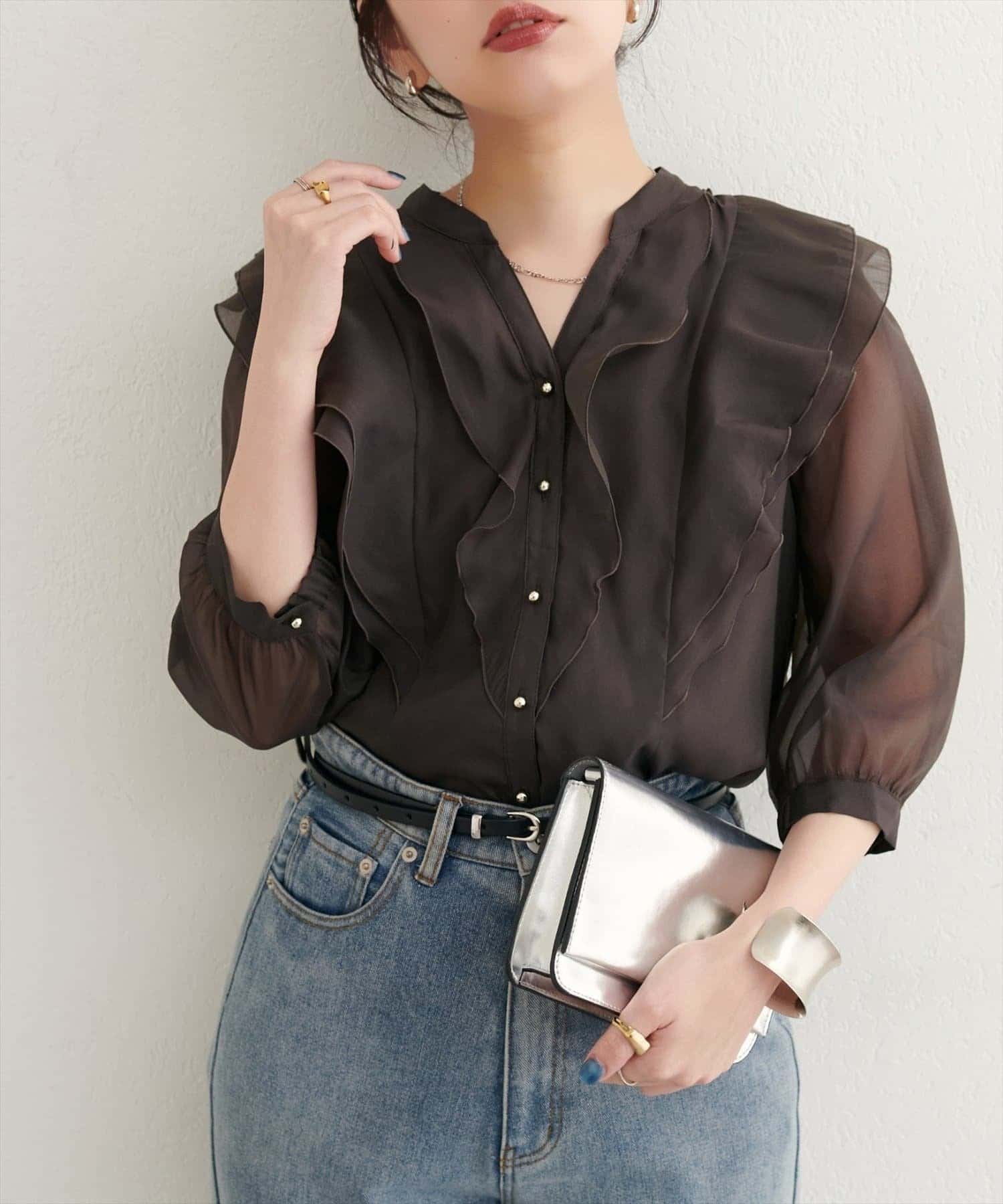 NICE CLAUP / OLIVE des OLIVE OUTLET(ナイスクラップ  / オリーブ デ オリーブ アウトレット) 【natural couture】ラッフルフリルキーネック7部袖ブラウス