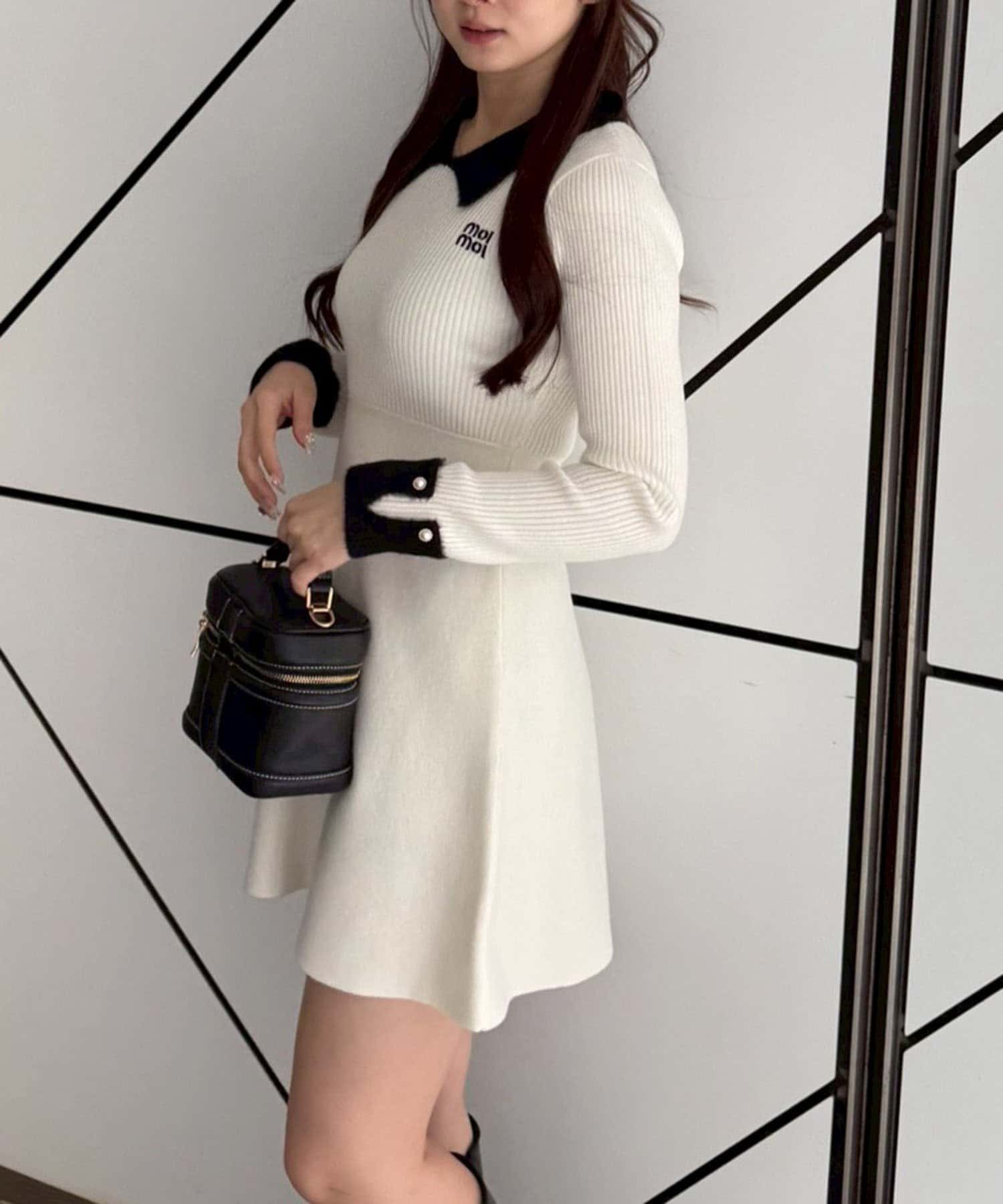 NICE CLAUP / OLIVE des OLIVE OUTLET(ナイスクラップ  / オリーブ デ オリーブ アウトレット) 【RMAF】フェザー衿リブニットワンピース