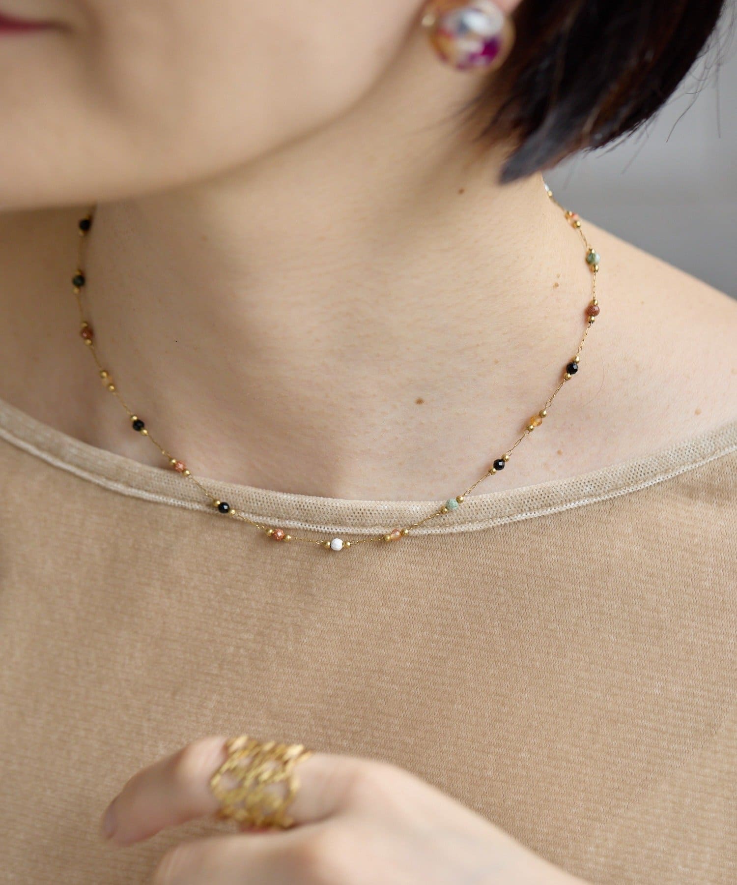 ear PAPILLONNER(イア パピヨネ) 《金属アレルギー対応/ステンレス》ブラウンストーンネックレス