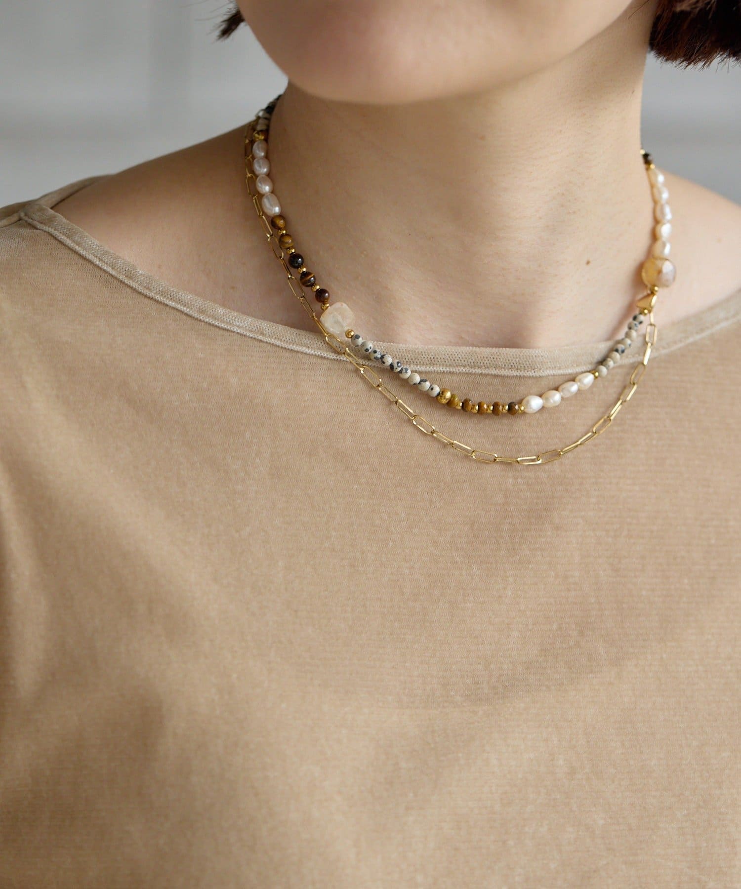 ear PAPILLONNER(イア パピヨネ) 《金属アレルギー対応/ステンレス》天然石×チェーンセットネックレス