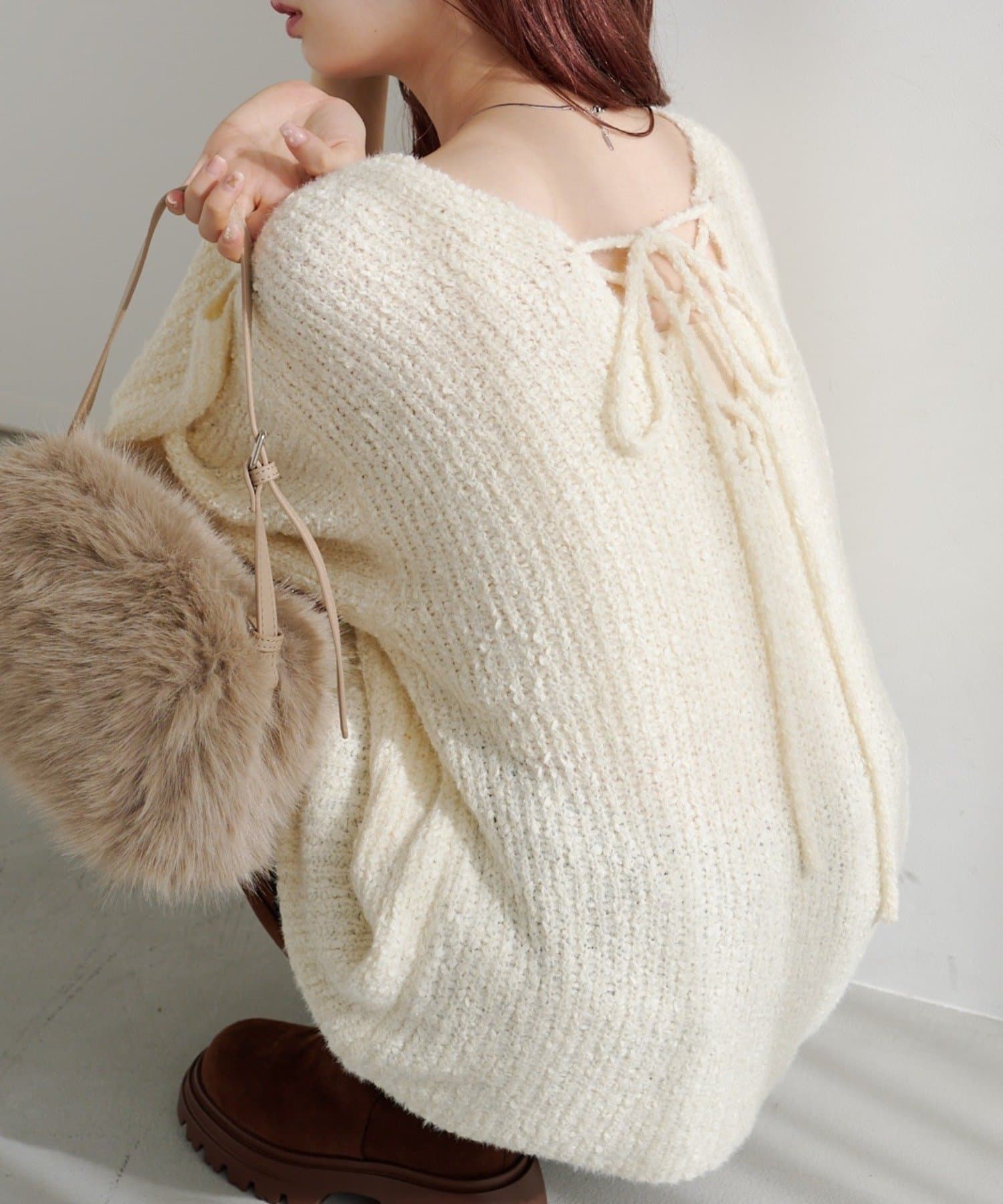 Kastane(カスタネ) 【WEB先行/無地&ボーダー/前後2WAY】編み上げルーズニット