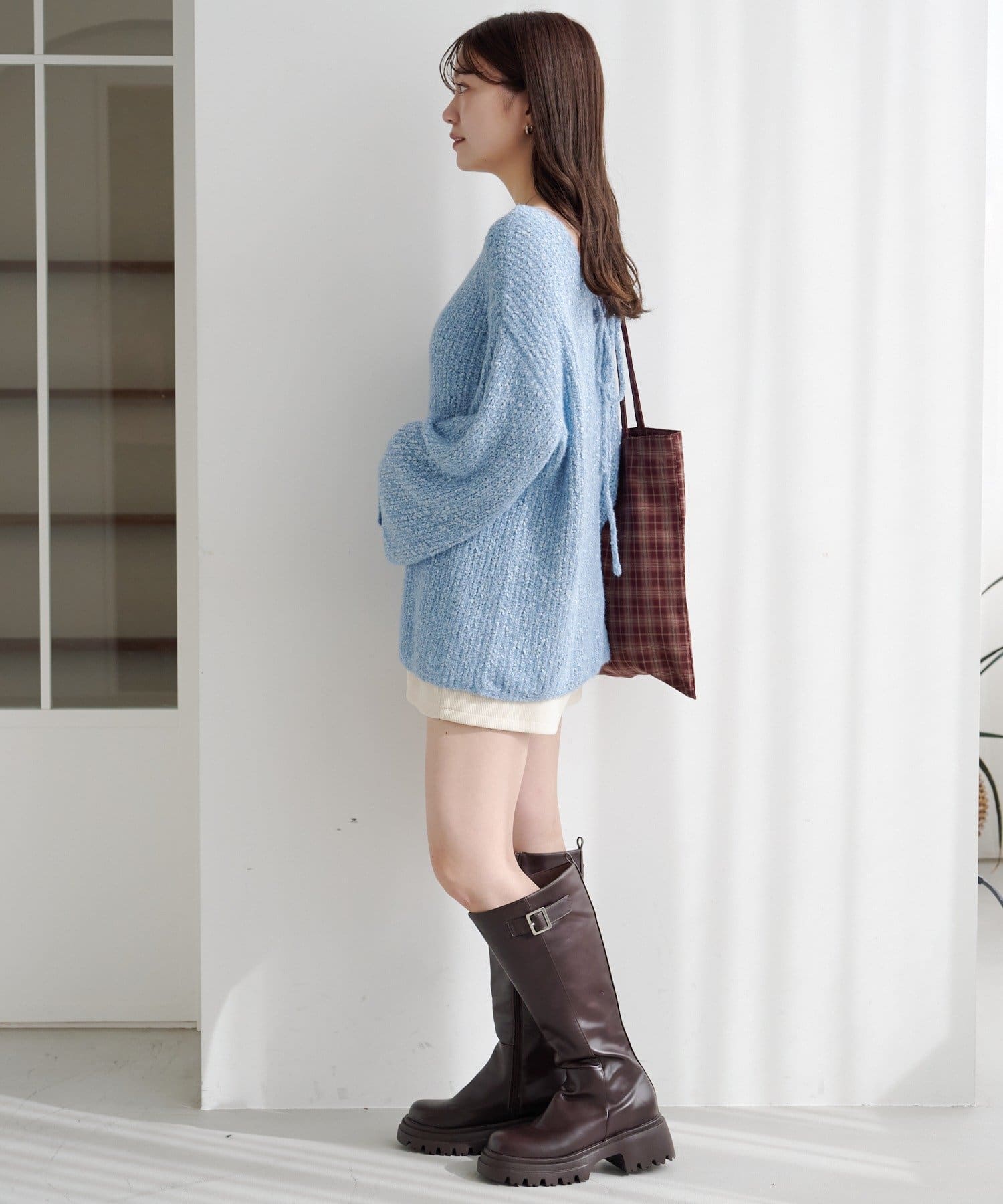 Kastane(カスタネ) 【WEB先行/無地&ボーダー/前後2WAY】編み上げルーズニット