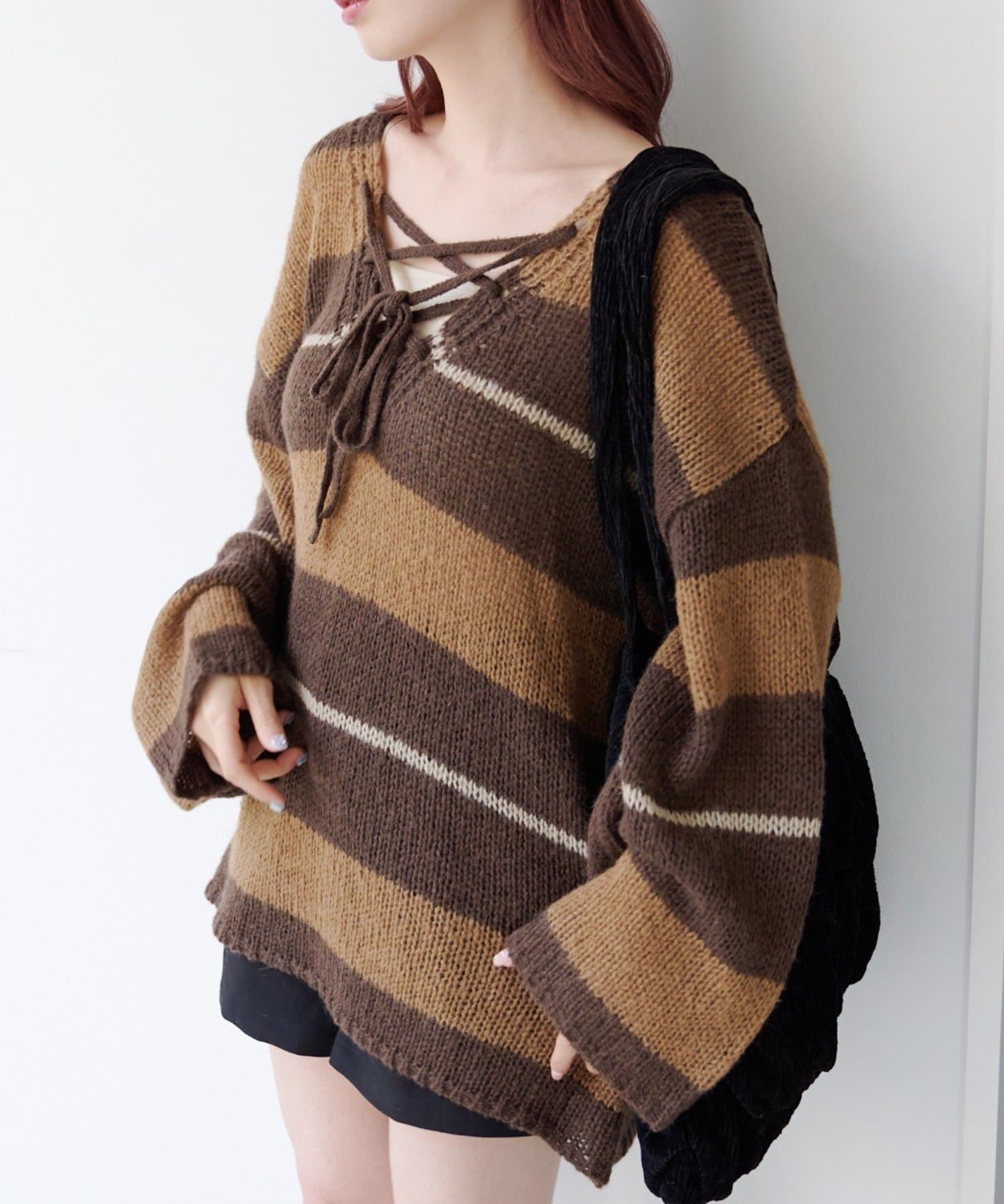 Kastane(カスタネ) 【WEB先行/無地&ボーダー/前後2WAY】編み上げルーズニット