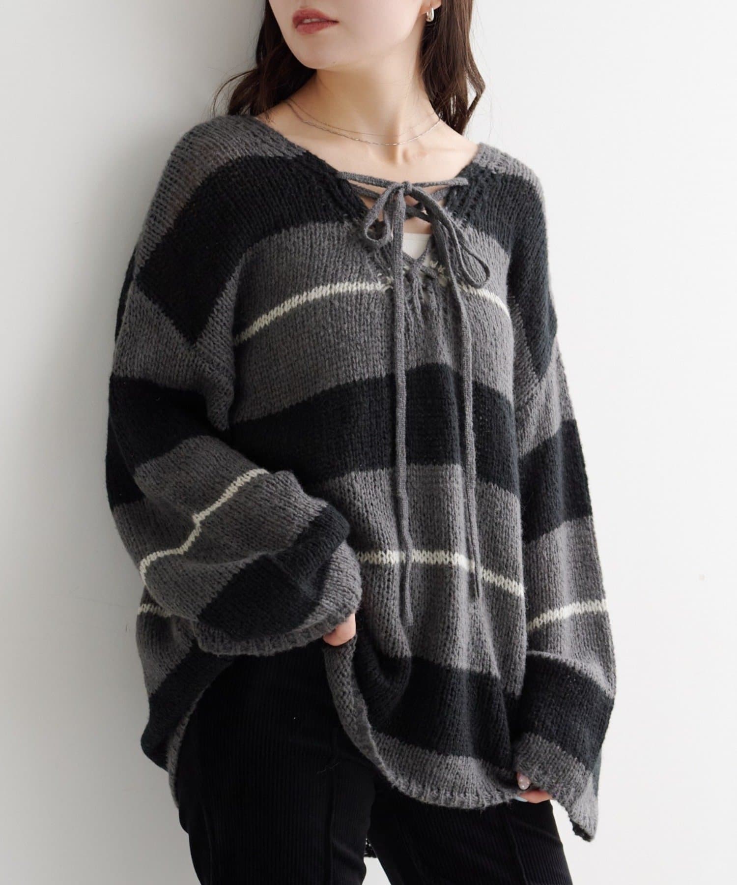 Kastane(カスタネ) 【WEB先行/無地&ボーダー/前後2WAY】編み上げルーズニット