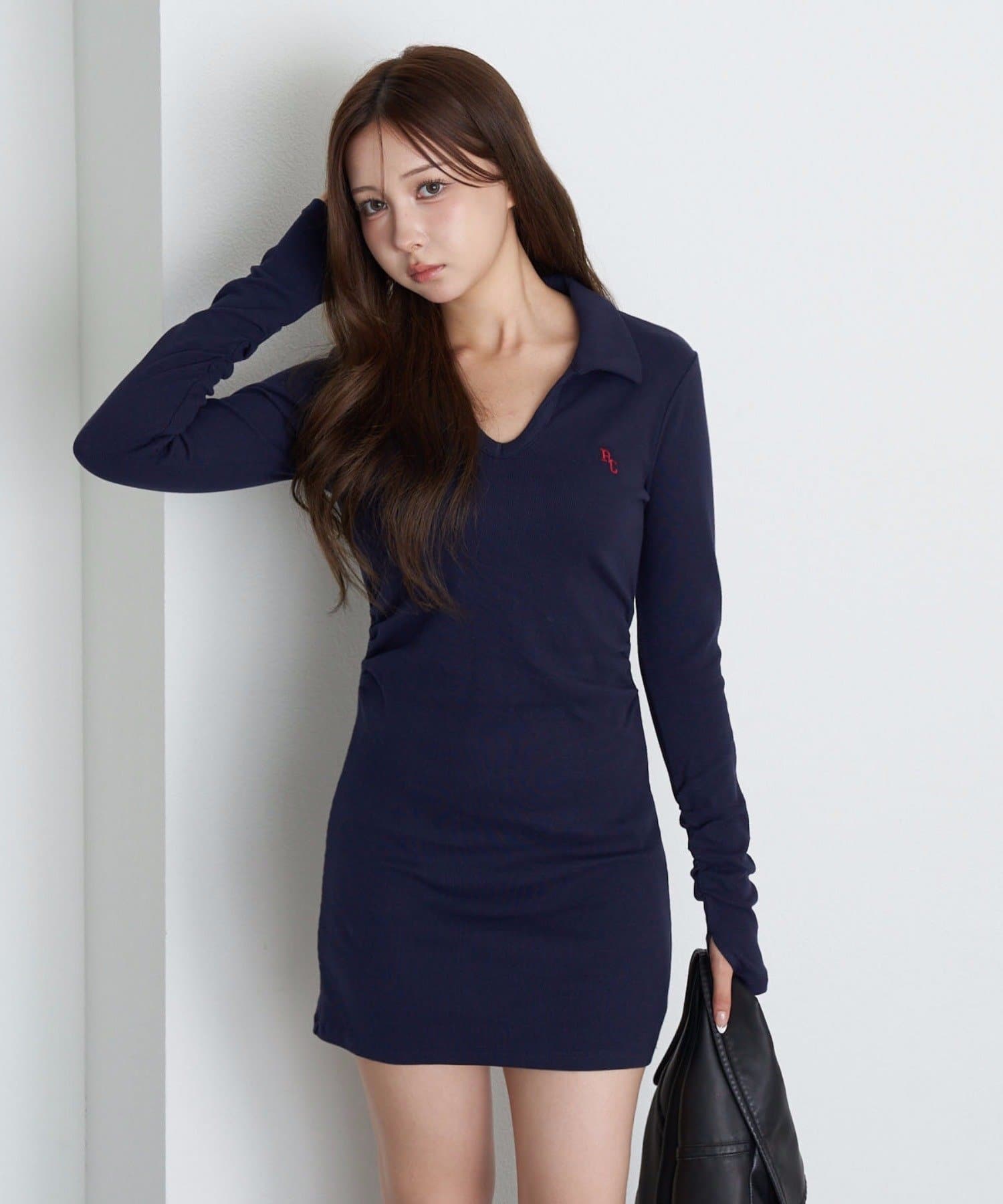 OUTLET(アウトレット) 【RAY CASSIN】長袖スキッパーポロ刺繍ミニワンピース