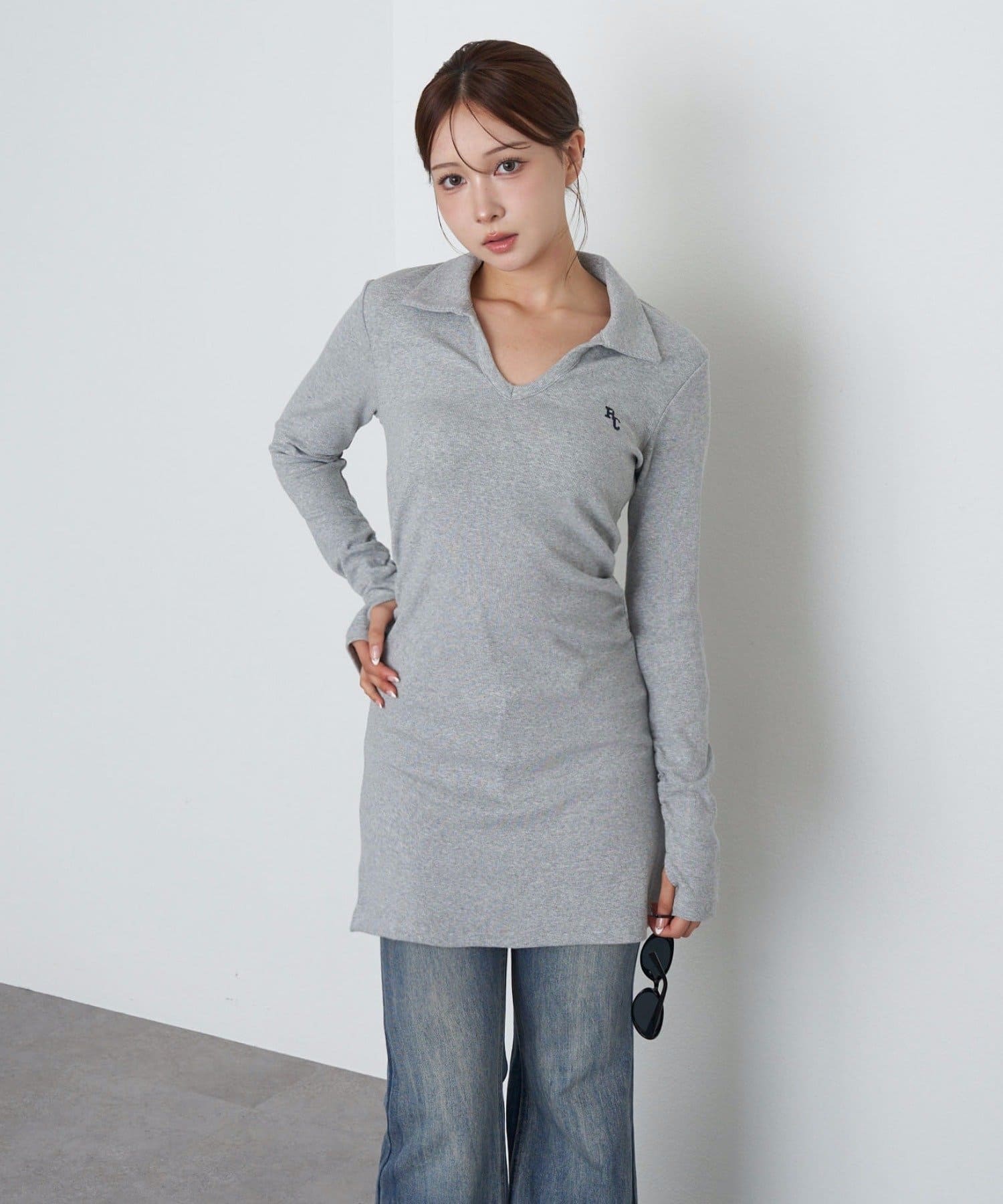 OUTLET(アウトレット) 【RAY CASSIN】長袖スキッパーポロ刺繍ミニワンピース