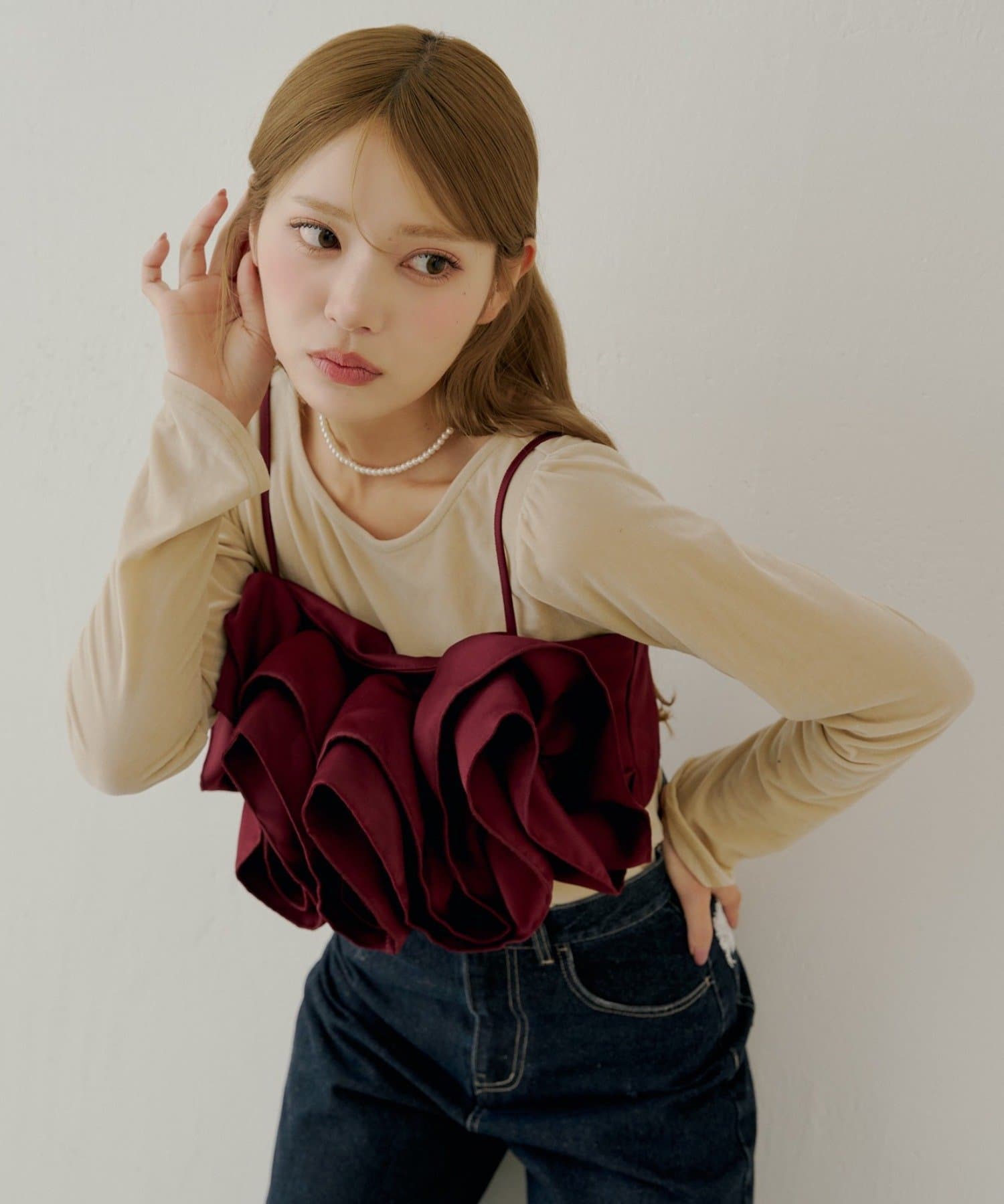 OUTLET(アウトレット) 【Chico】フリルベアキャミ+ベロアトップスセット