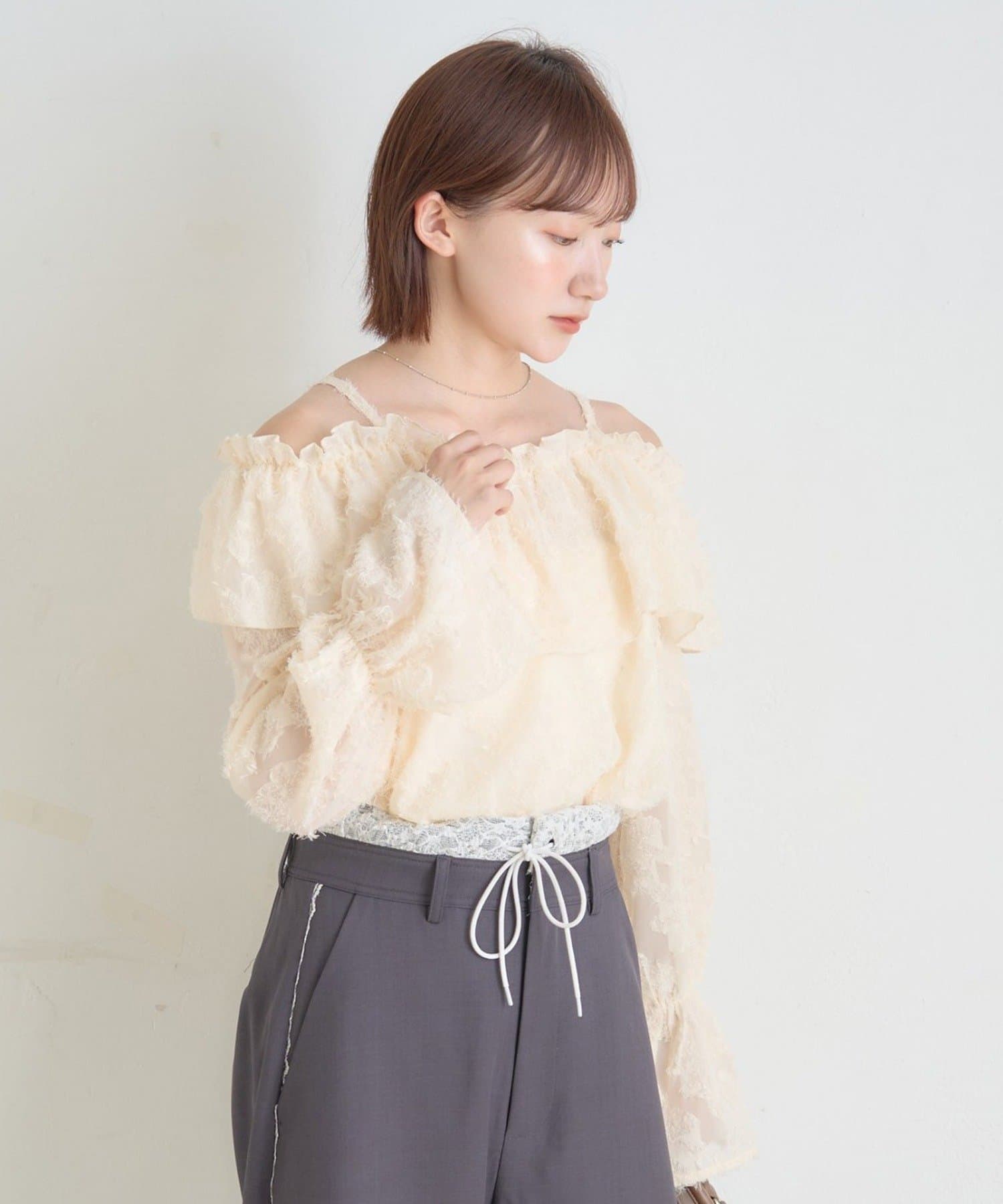 OUTLET(アウトレット) 【mystic】[mline]シャギーフリル オフショルブラウス