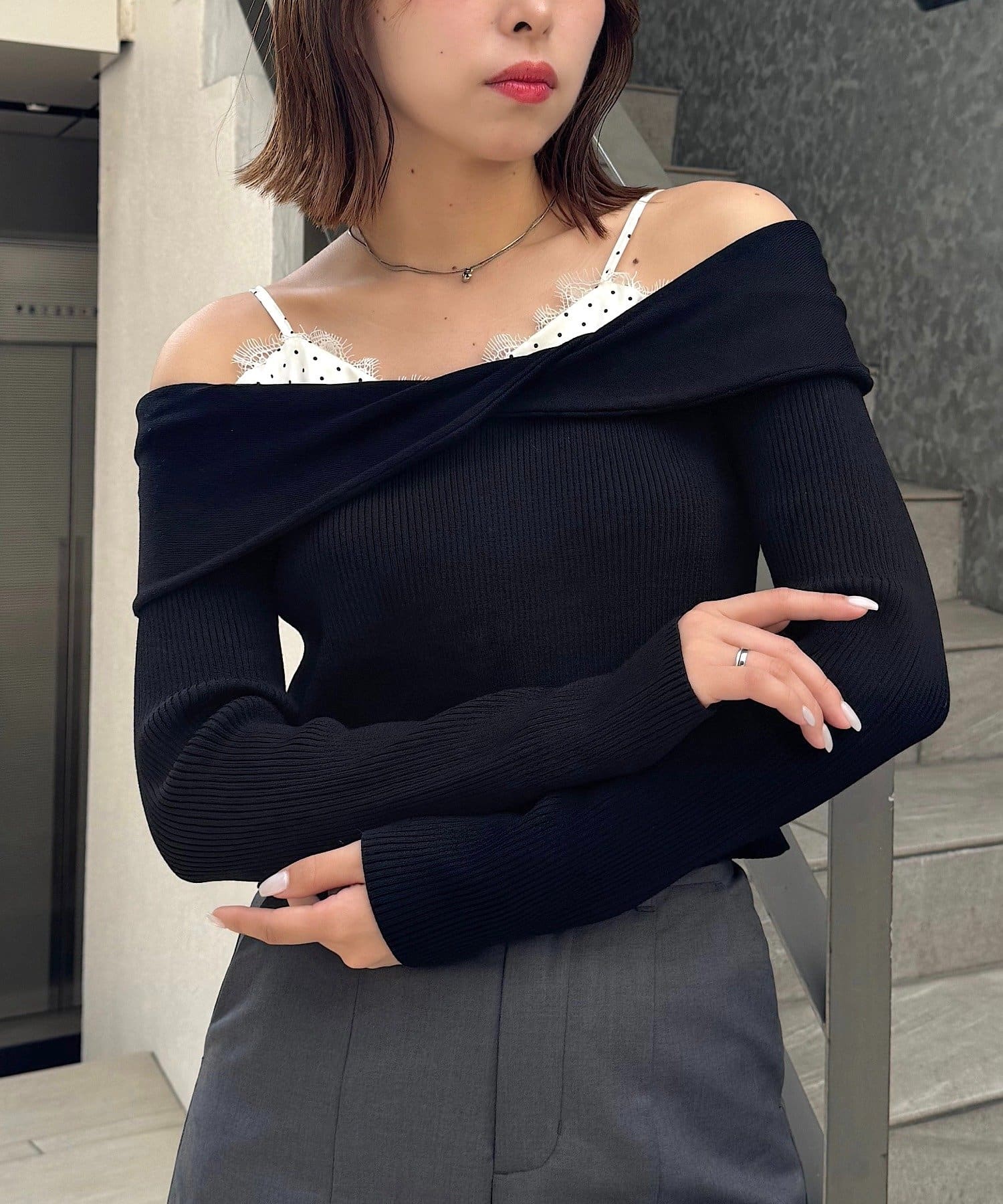 OUTLET(アウトレット) 【Chico】長袖レイヤードオフショルニット