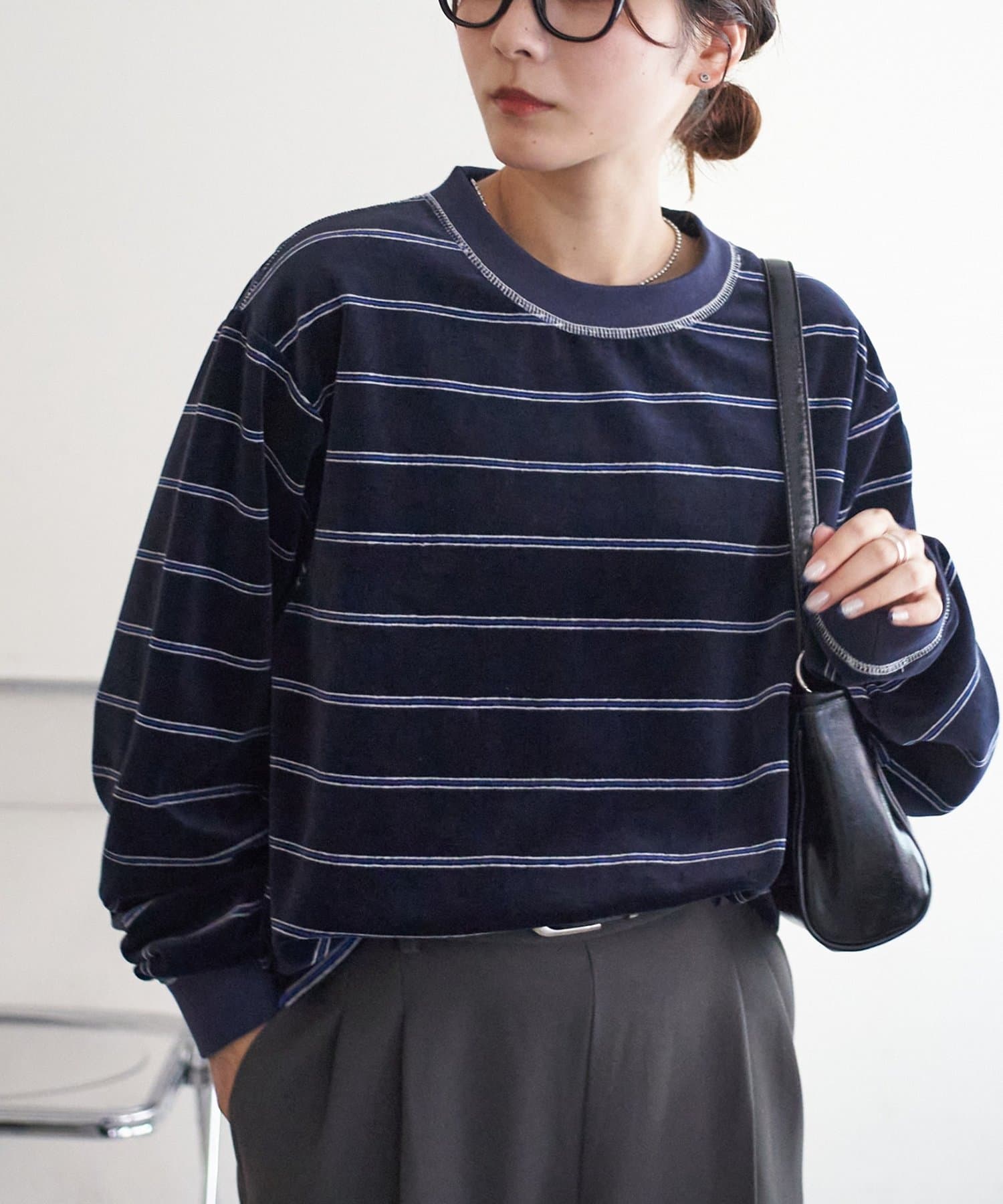 OUTLET(アウトレット) 【Discoat】【ユニセックス】ベロアボーダークルーネック