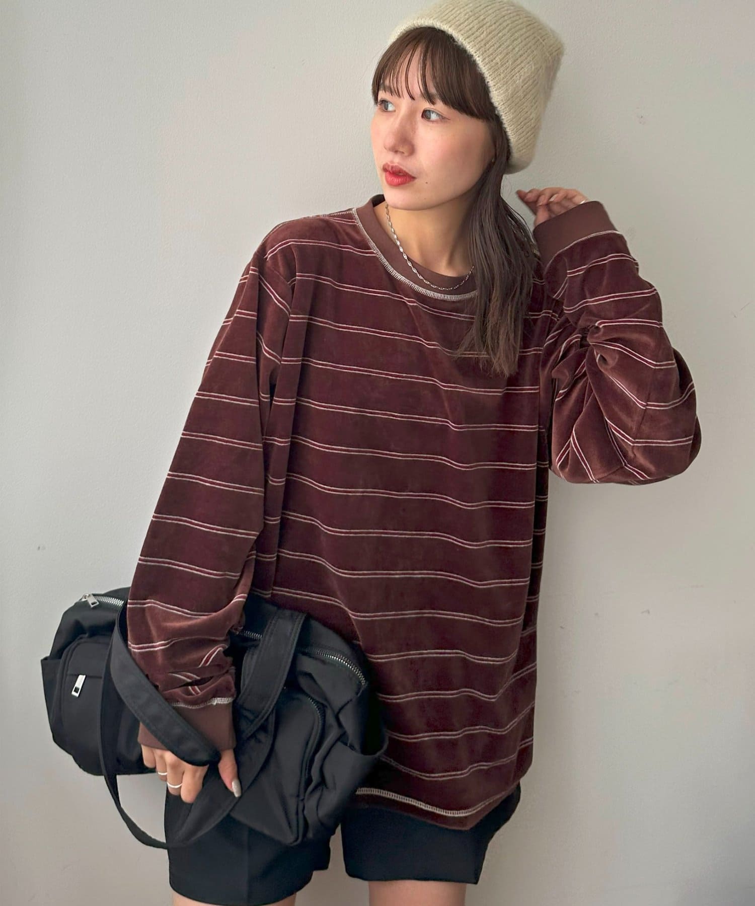 OUTLET(アウトレット) 【Discoat】【ユニセックス】ベロアボーダークルーネック