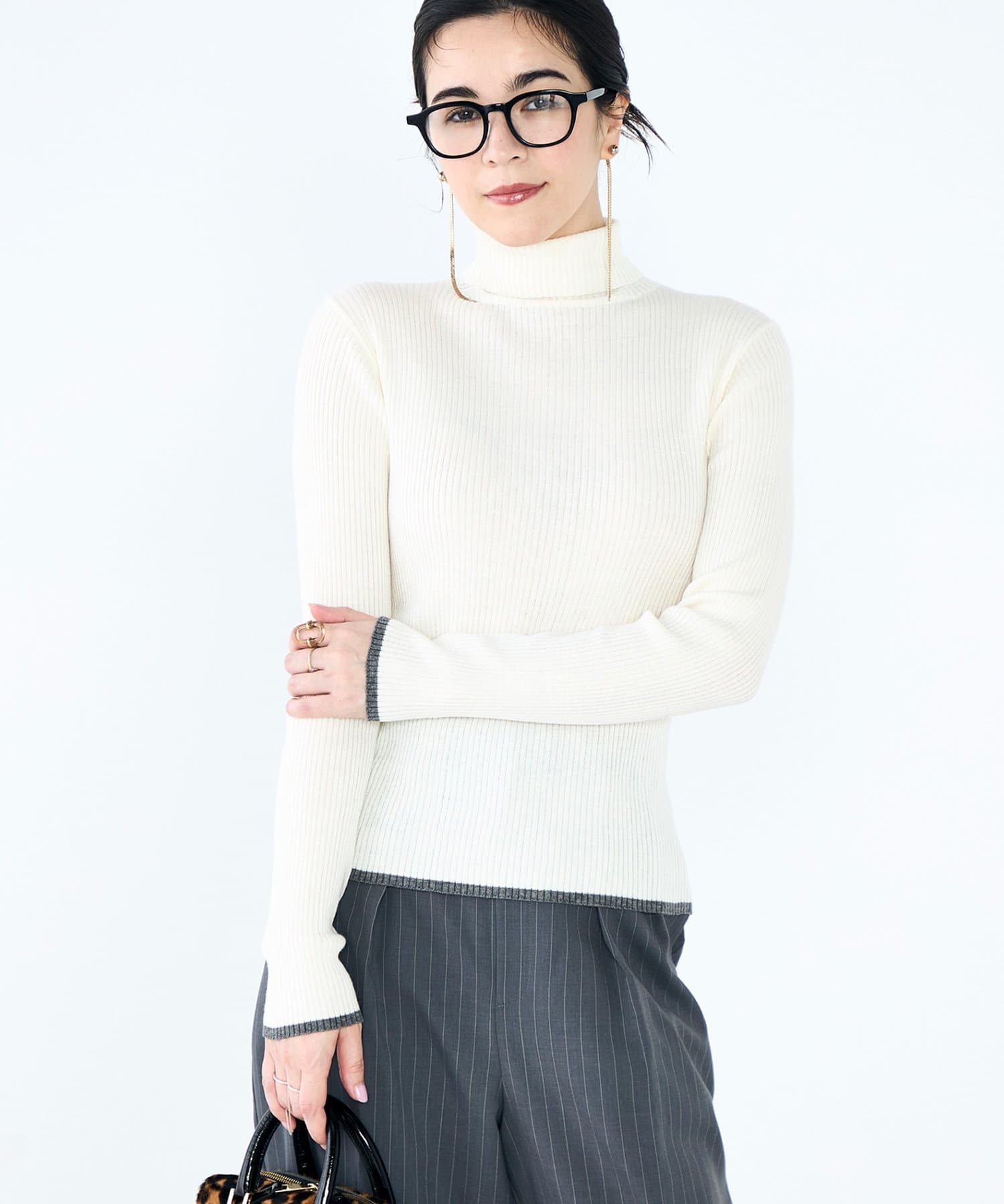 NOLLEY'S(ノーリーズ) 《手洗い可能》3×2リブ配色タートルネック