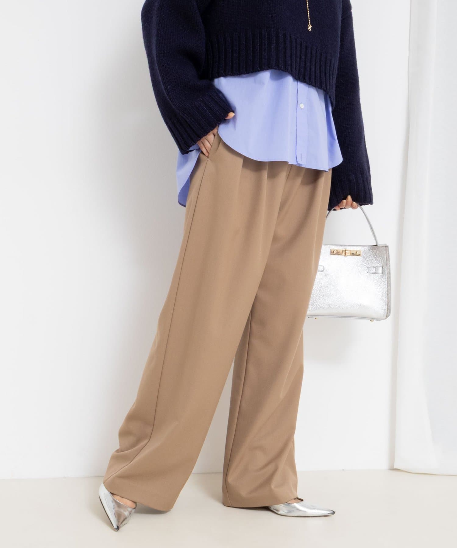 NOLLEY'S(ノーリーズ) 《セットアップ対応》ウォッシャブルウール混ツイルハイウエストワイドパンツ