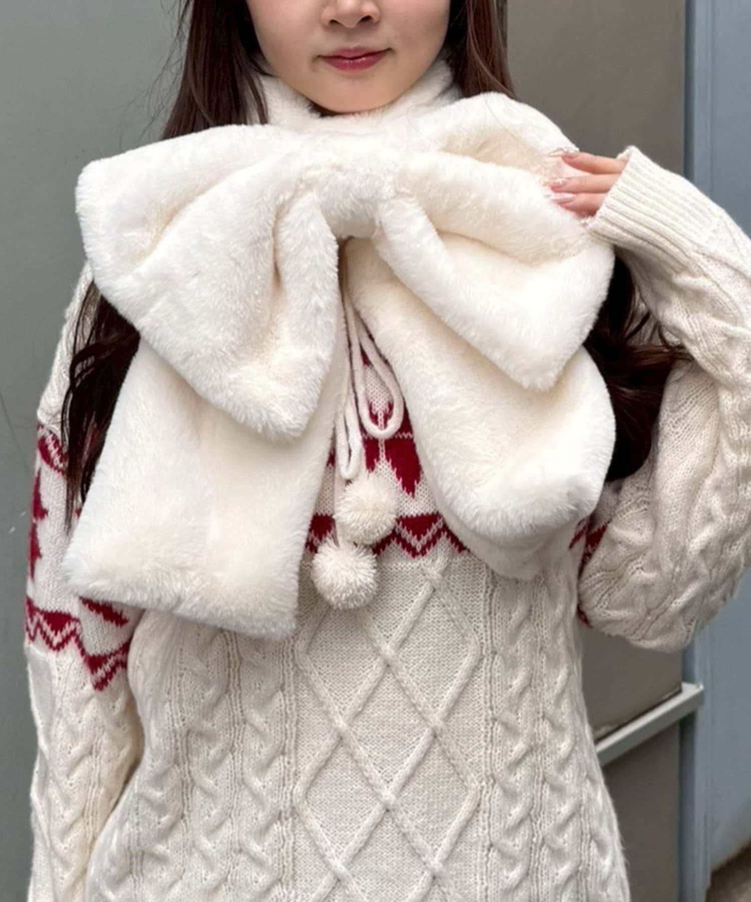 NICE CLAUP / OLIVE des OLIVE OUTLET(ナイスクラップ  / オリーブ デ オリーブ アウトレット) ふわふわファーリボンが映える♪【RMAF】ビッグリボンフェイクファースヌード