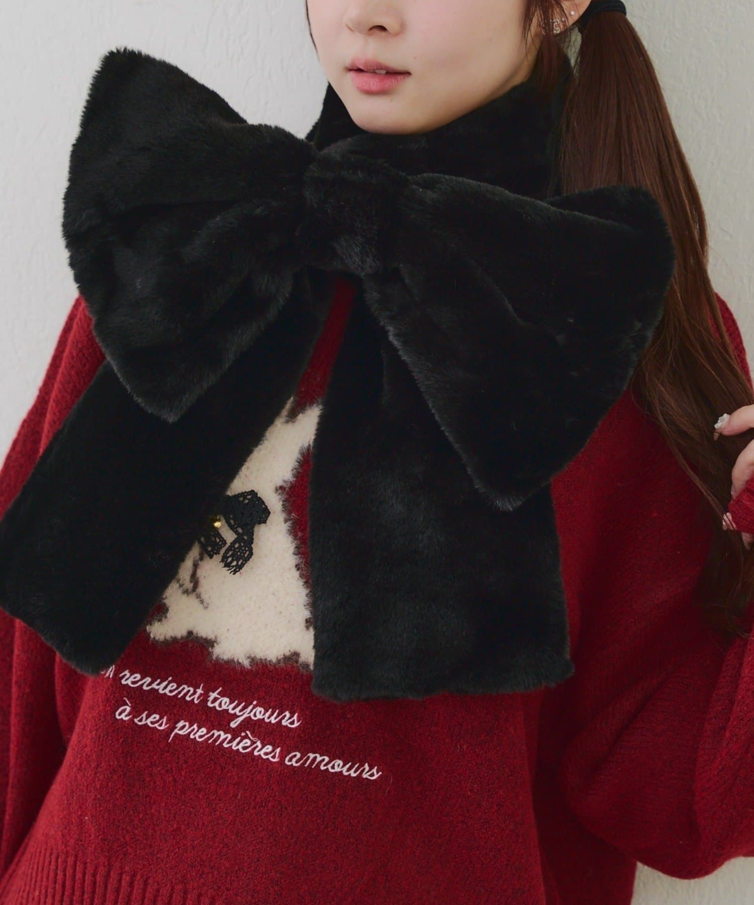 NICE CLAUP / OLIVE des OLIVE OUTLET(ナイスクラップ  / オリーブ デ オリーブ アウトレット) ふわふわファーリボンが映える♪【RMAF】ビッグリボンフェイクファースヌード