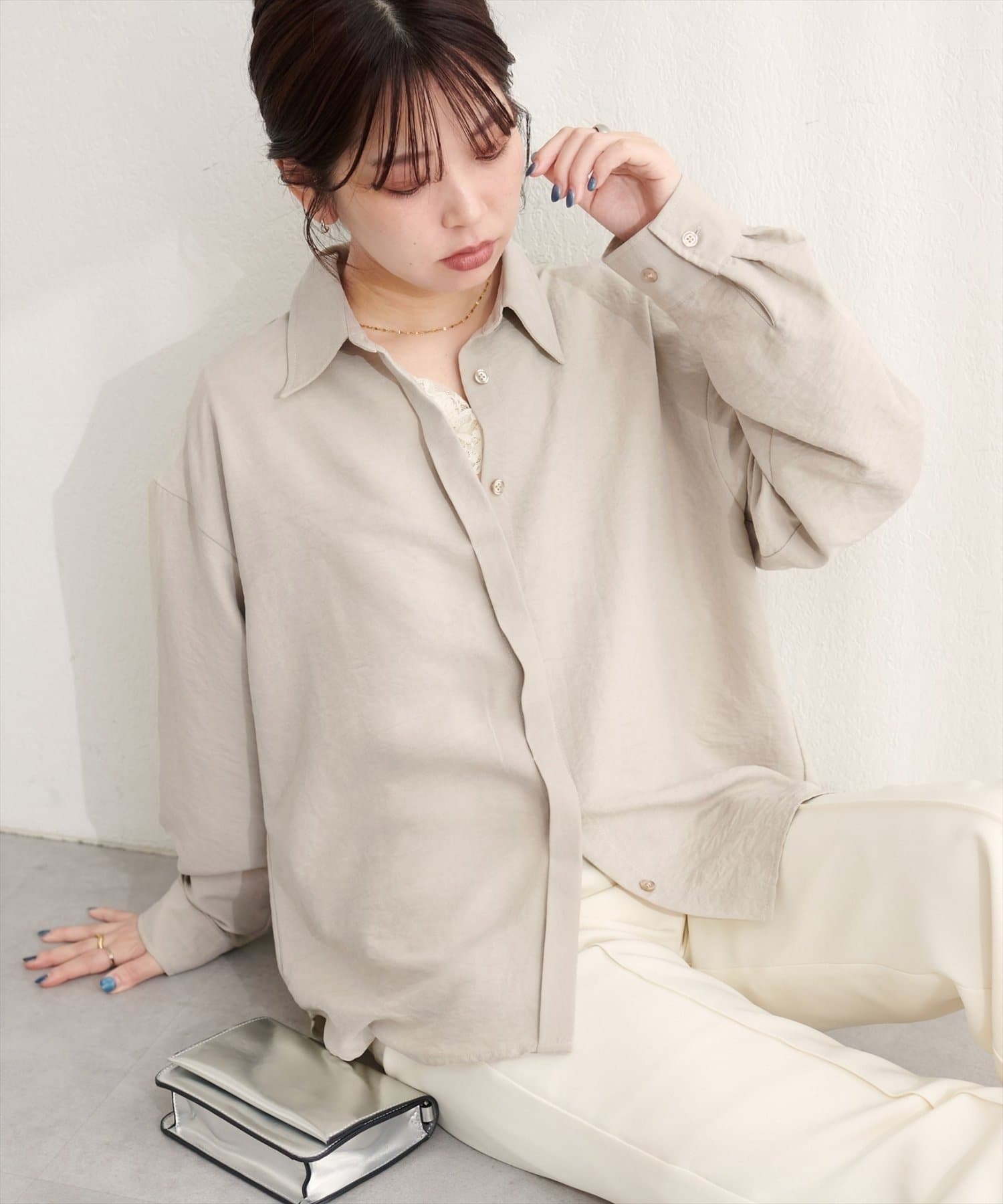 NICE CLAUP / OLIVE des OLIVE OUTLET(ナイスクラップ  / オリーブ デ オリーブ アウトレット) 【natural couture】ピーチスキンオーバーサイズシャツ