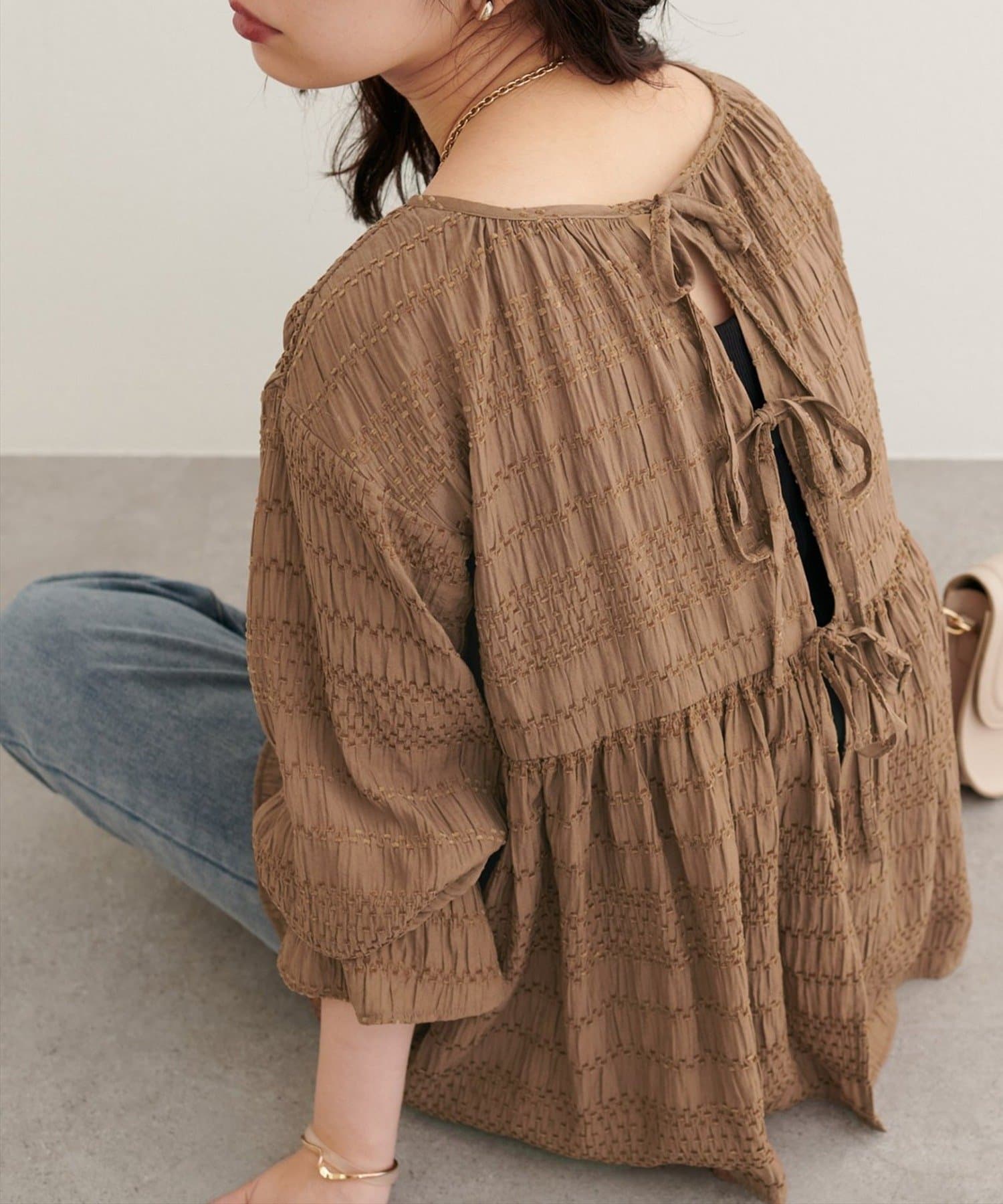 NICE CLAUP / OLIVE des OLIVE OUTLET(ナイスクラップ  / オリーブ デ オリーブ アウトレット) 【natural couture】モールボーダーペプラムブラウス