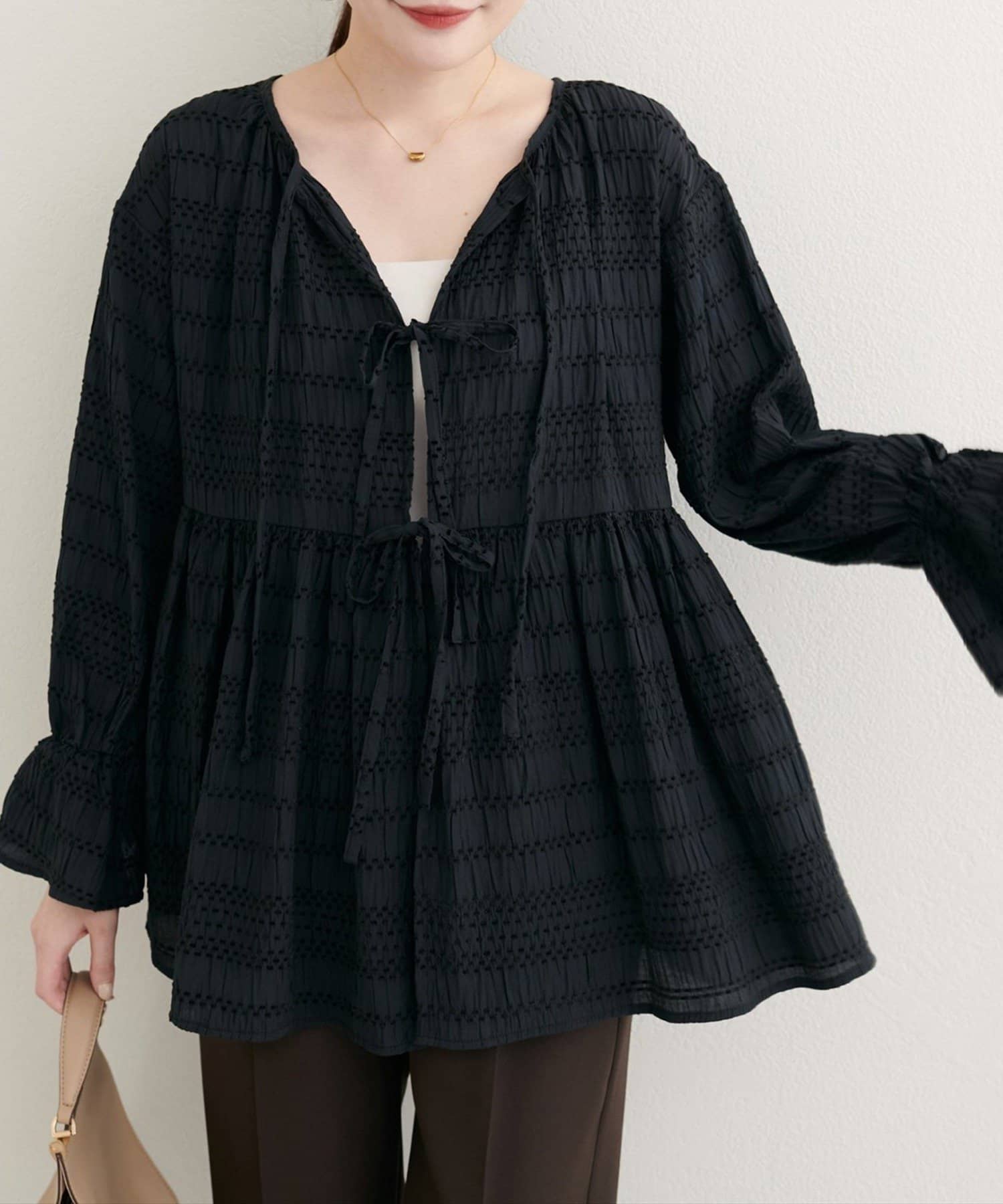 NICE CLAUP / OLIVE des OLIVE OUTLET(ナイスクラップ  / オリーブ デ オリーブ アウトレット) 【natural couture】モールボーダーペプラムブラウス