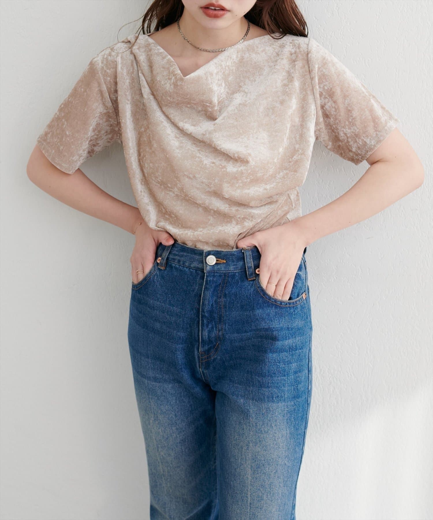 NICE CLAUP / OLIVE des OLIVE OUTLET(ナイスクラップ  / オリーブ デ オリーブ アウトレット) 【natural couture】フロッキーメッシュドレープ半袖プルオーバー