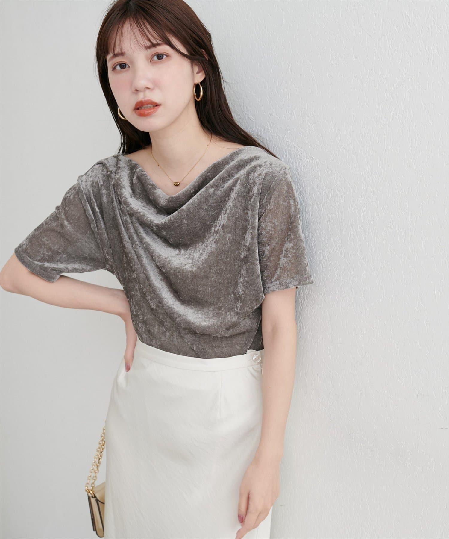 NICE CLAUP / OLIVE des OLIVE OUTLET(ナイスクラップ  / オリーブ デ オリーブ アウトレット) 【natural couture】フロッキーメッシュドレープ半袖プルオーバー