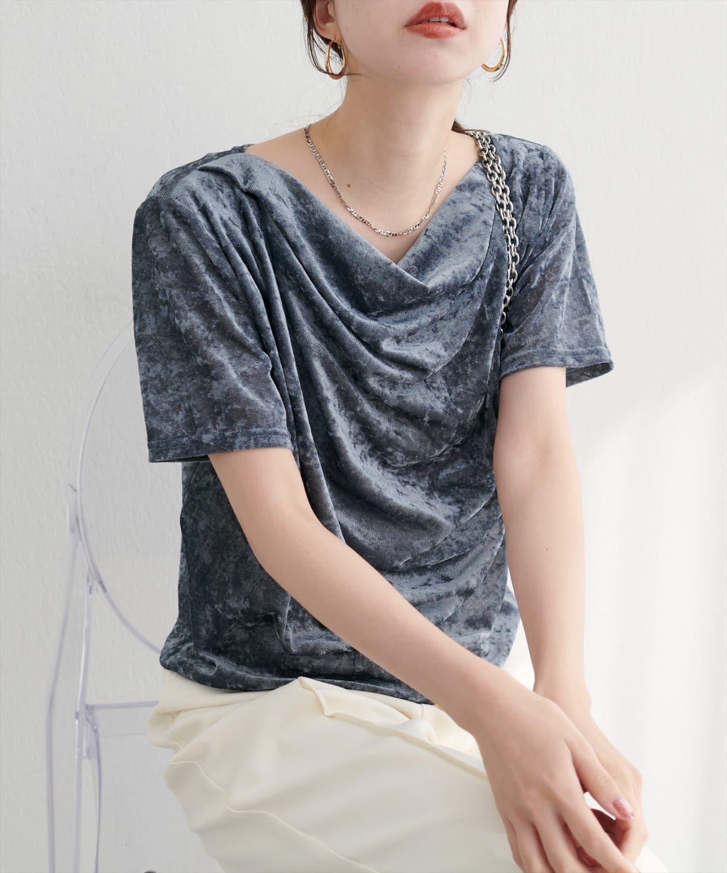 NICE CLAUP / OLIVE des OLIVE OUTLET(ナイスクラップ  / オリーブ デ オリーブ アウトレット) 【Every very】フロッキーメッシュドレープ半袖プルオーバー