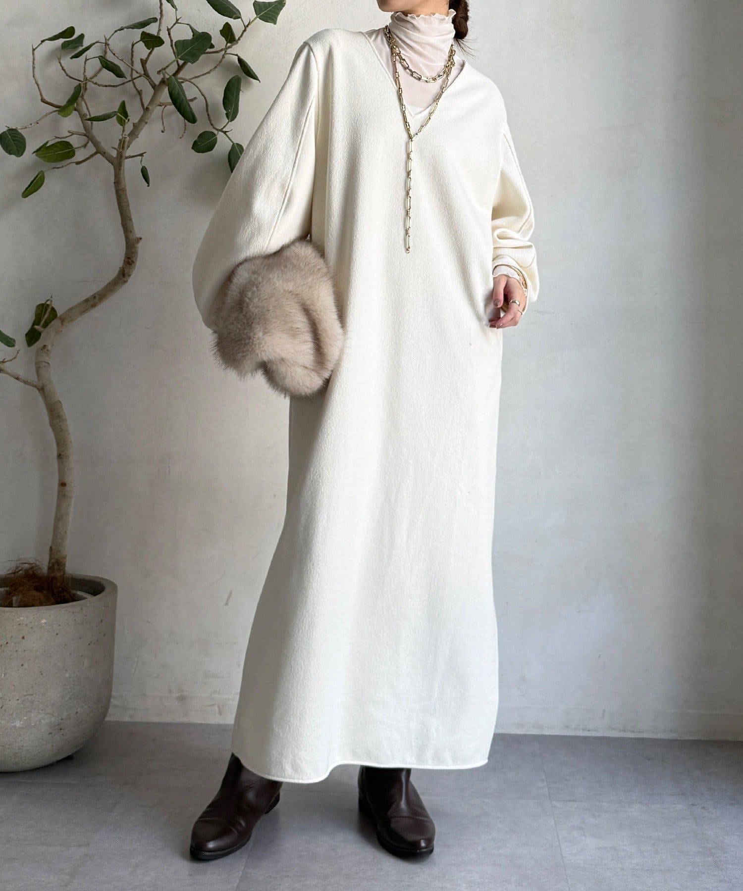 DOUDOU(ドゥドゥ) 【前後2WAY】裏起毛袖ボリュームワンピース