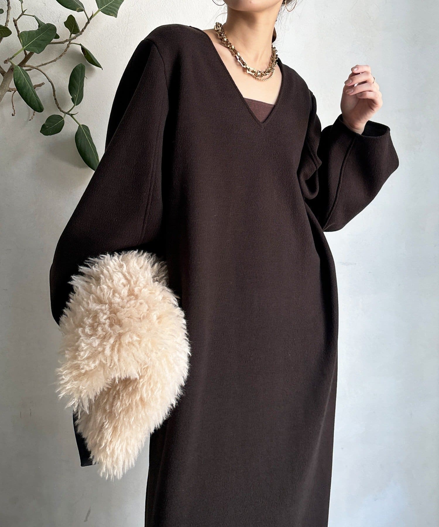 DOUDOU(ドゥドゥ) 【前後2WAY】裏起毛袖ボリュームワンピース