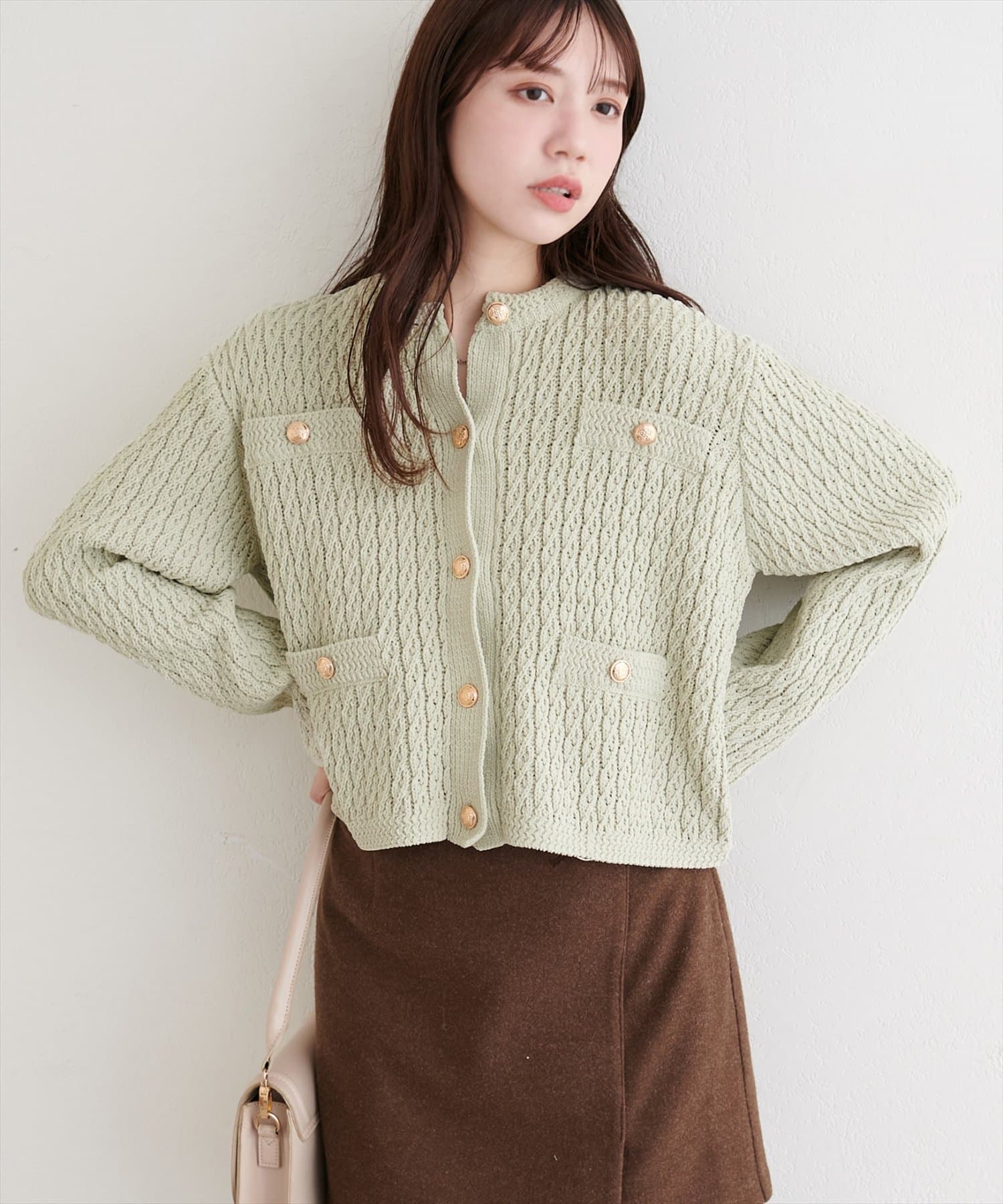 natural couture(ナチュラルクチュール) ベロアモール金釦ケーブルニットカーディガン