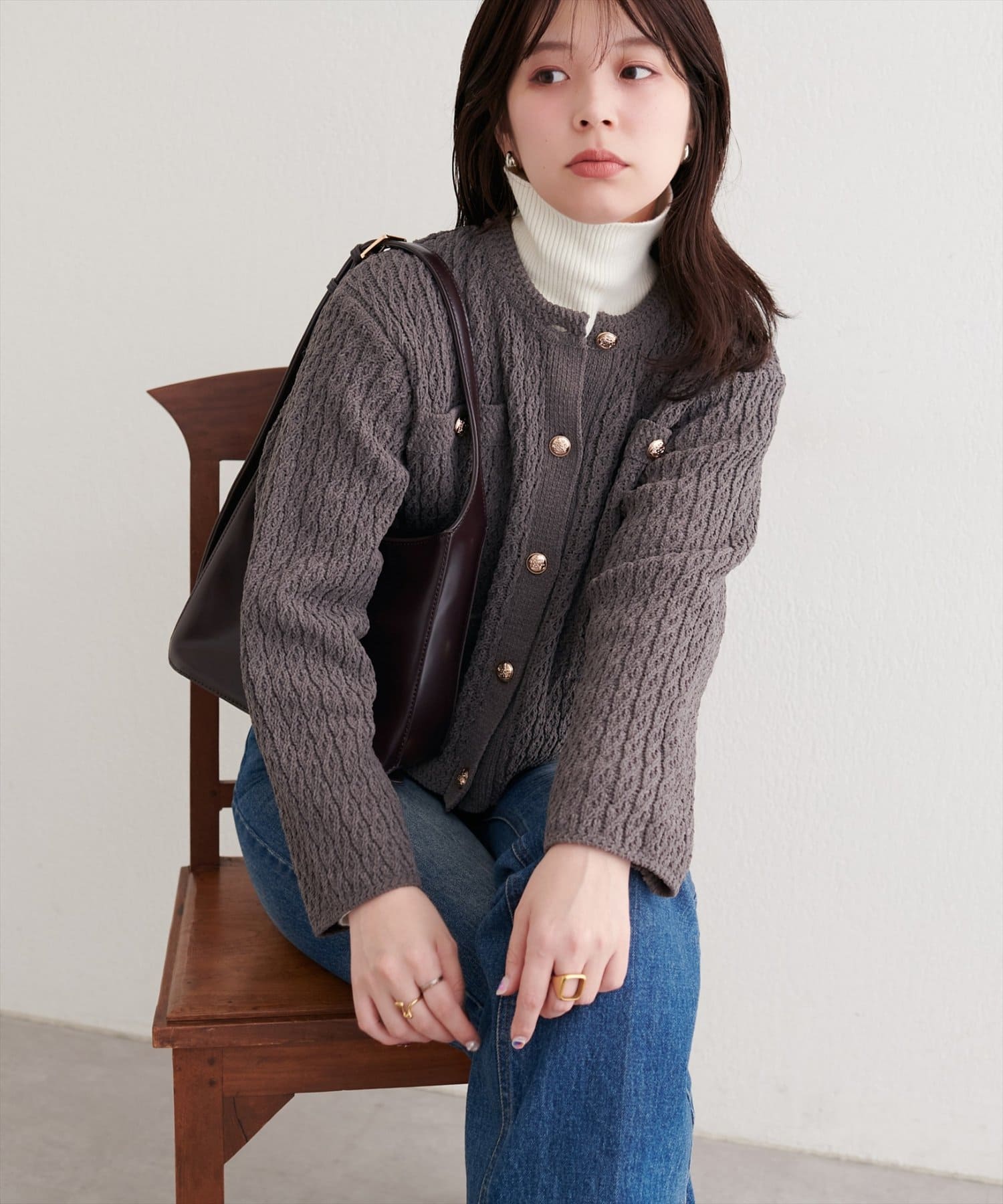 natural couture(ナチュラルクチュール) ベロアモール金釦ケーブルニットカーディガン