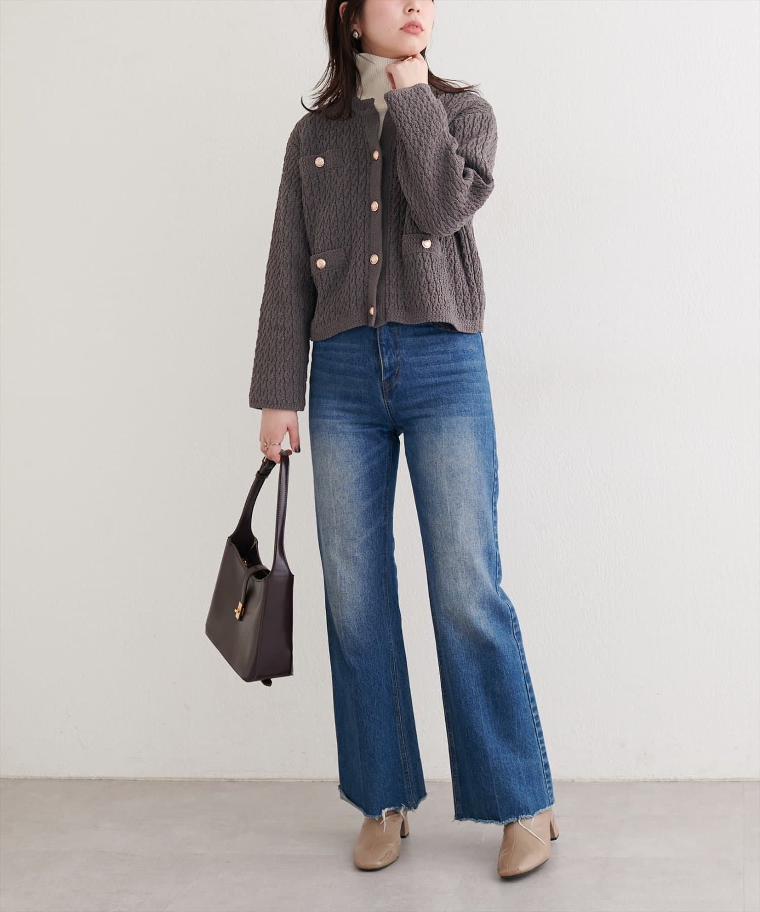 natural couture(ナチュラルクチュール) ベロアモール金釦ケーブルニットカーディガン