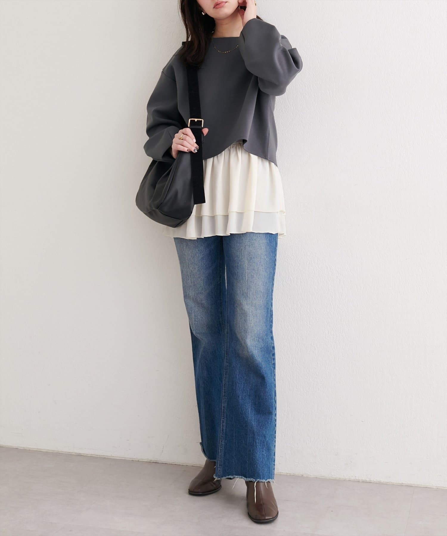 natural couture(ナチュラルクチュール) ショート丈ダンボールプルオーバー+ペプラムキャミSET