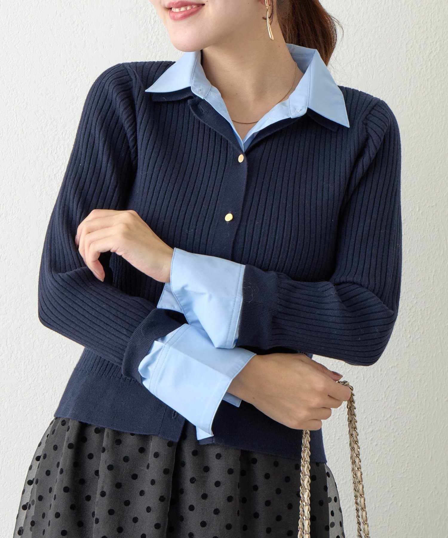 La boutique BonBon(ラブティックボンボン) 布帛ドッキングアンゴラタッチリブニットカーディガン