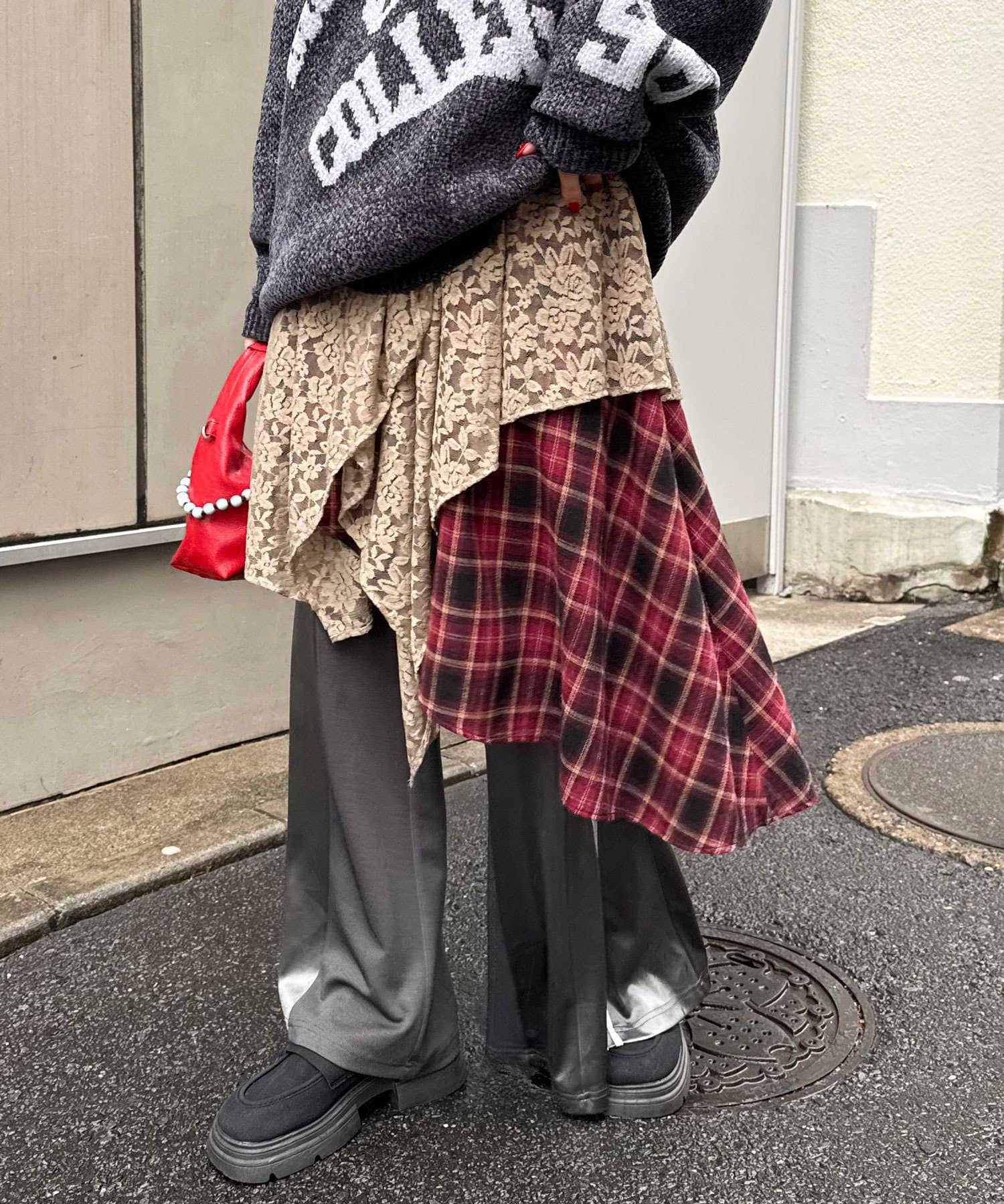 CIAOPANIC(チャオパニック) レース×チェックイレヘムミドルスカート