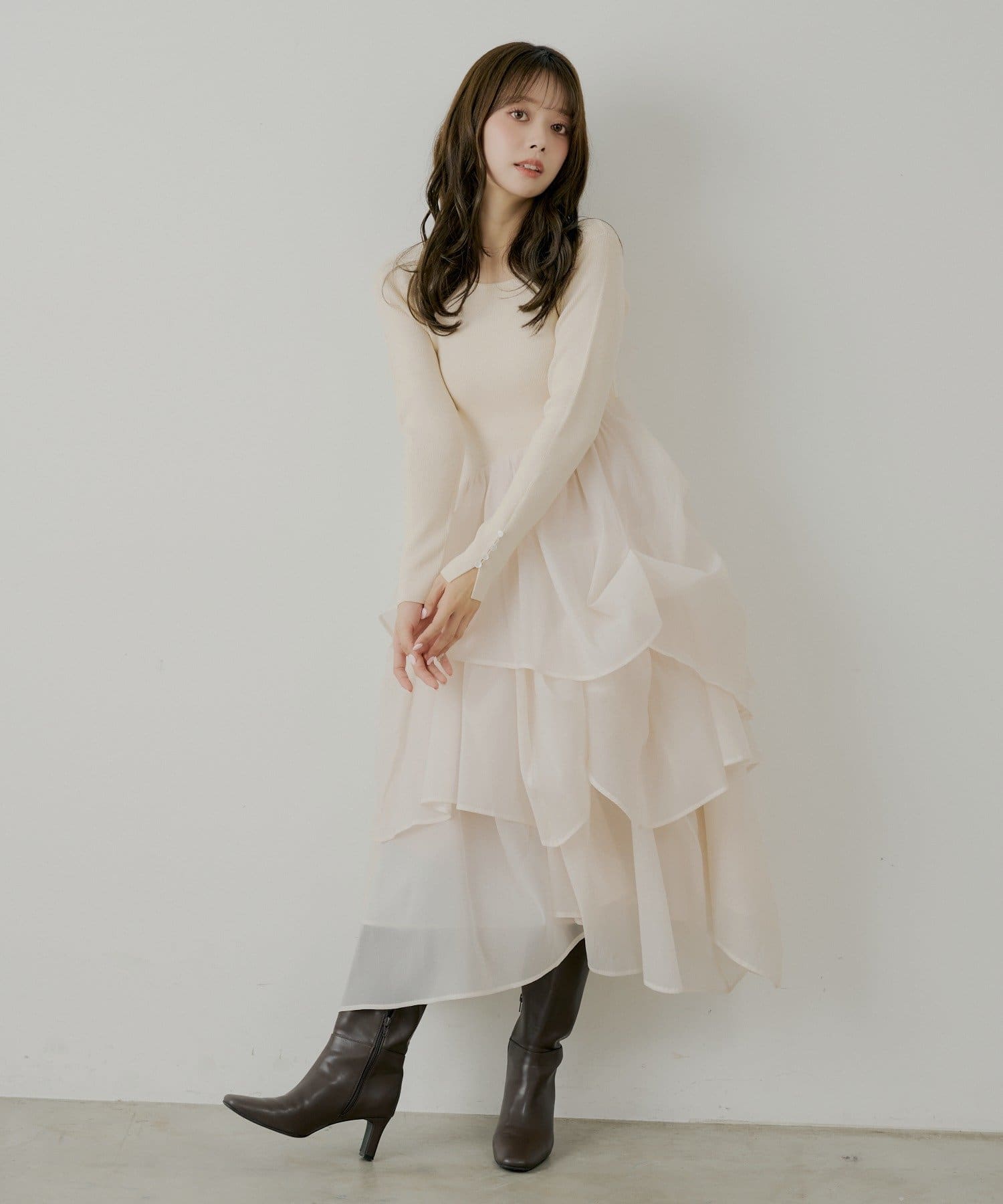 Chico(チコ) 【SALON by Chico】タックチュールドッキングロングワンピース