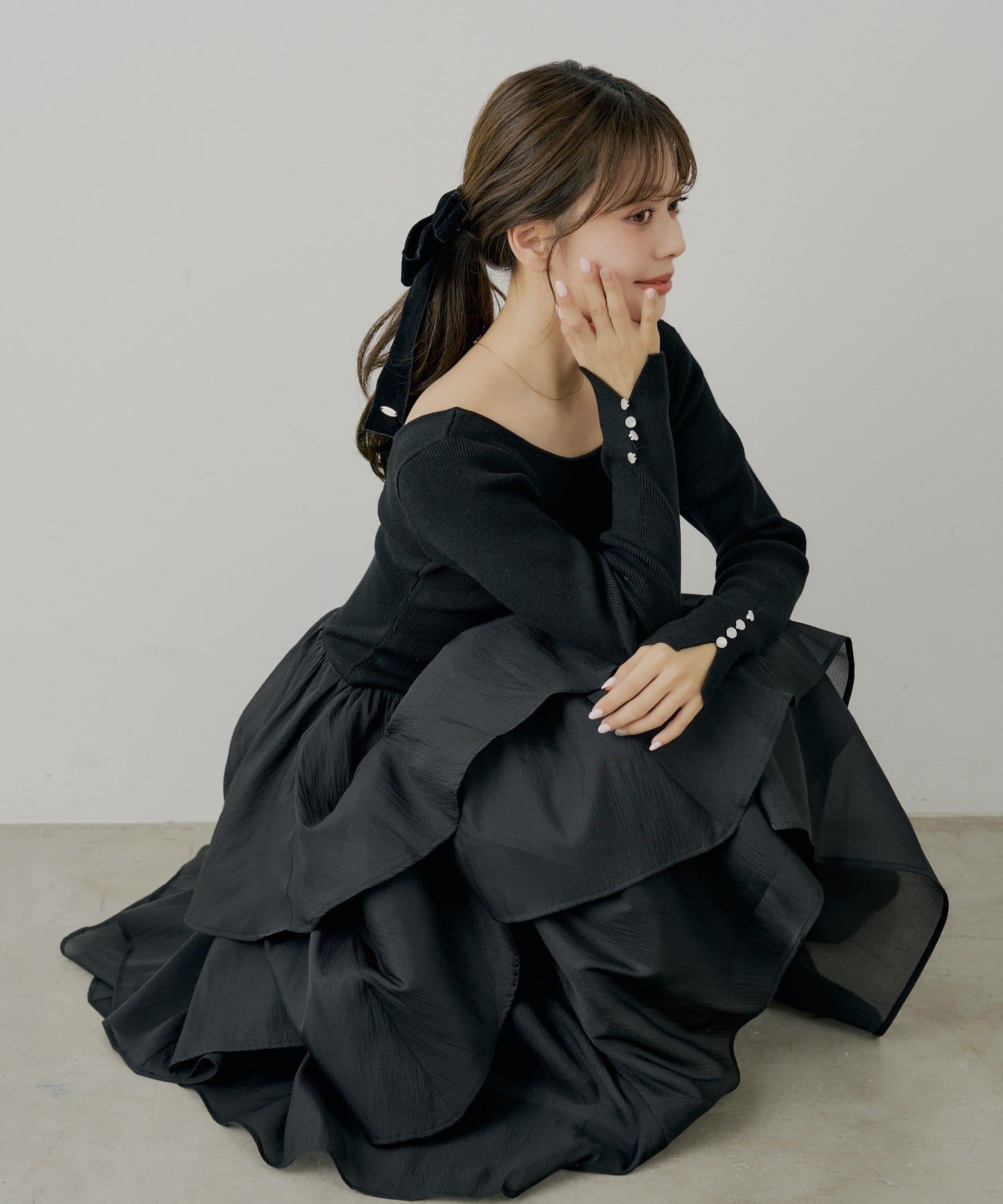 Chico(チコ) 【SALON by Chico】タックチュールドッキングロングワンピース