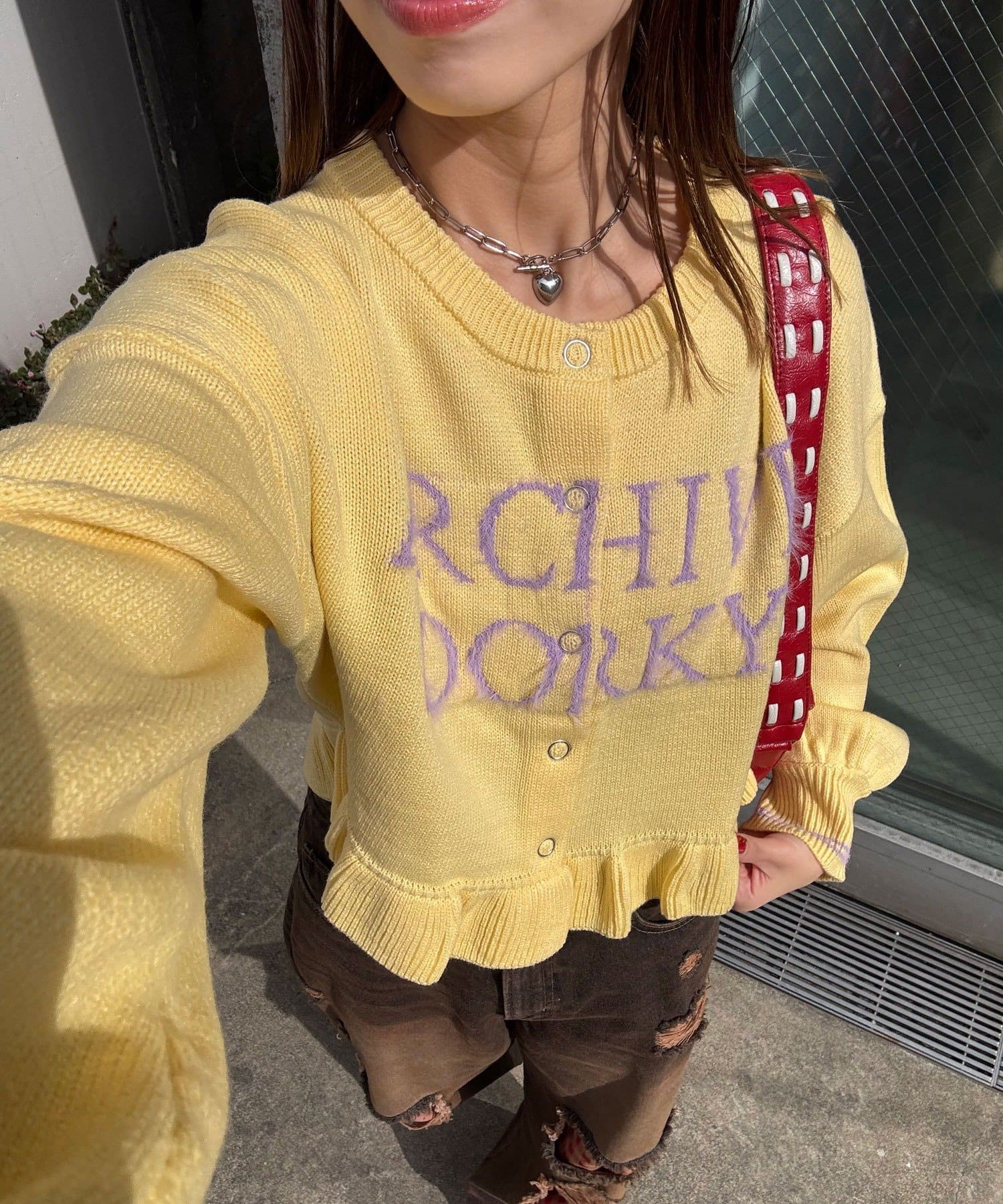 CIAOPANIC(チャオパニック) シャギー配色ロゴフリルニットカーディガン